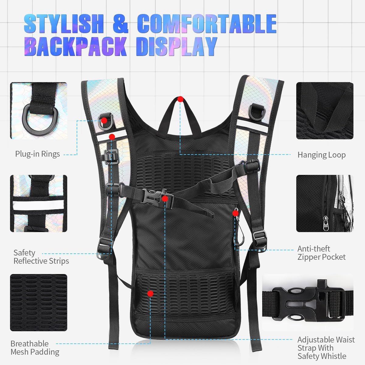 Hydration Backpack, Festival Rave Hydration Pack, Water Backpack with 2L Hydration Bladder, Rave Backpack Hydration Pack Hydropack Hydro for Hiking, Biking, Festivals, Raves