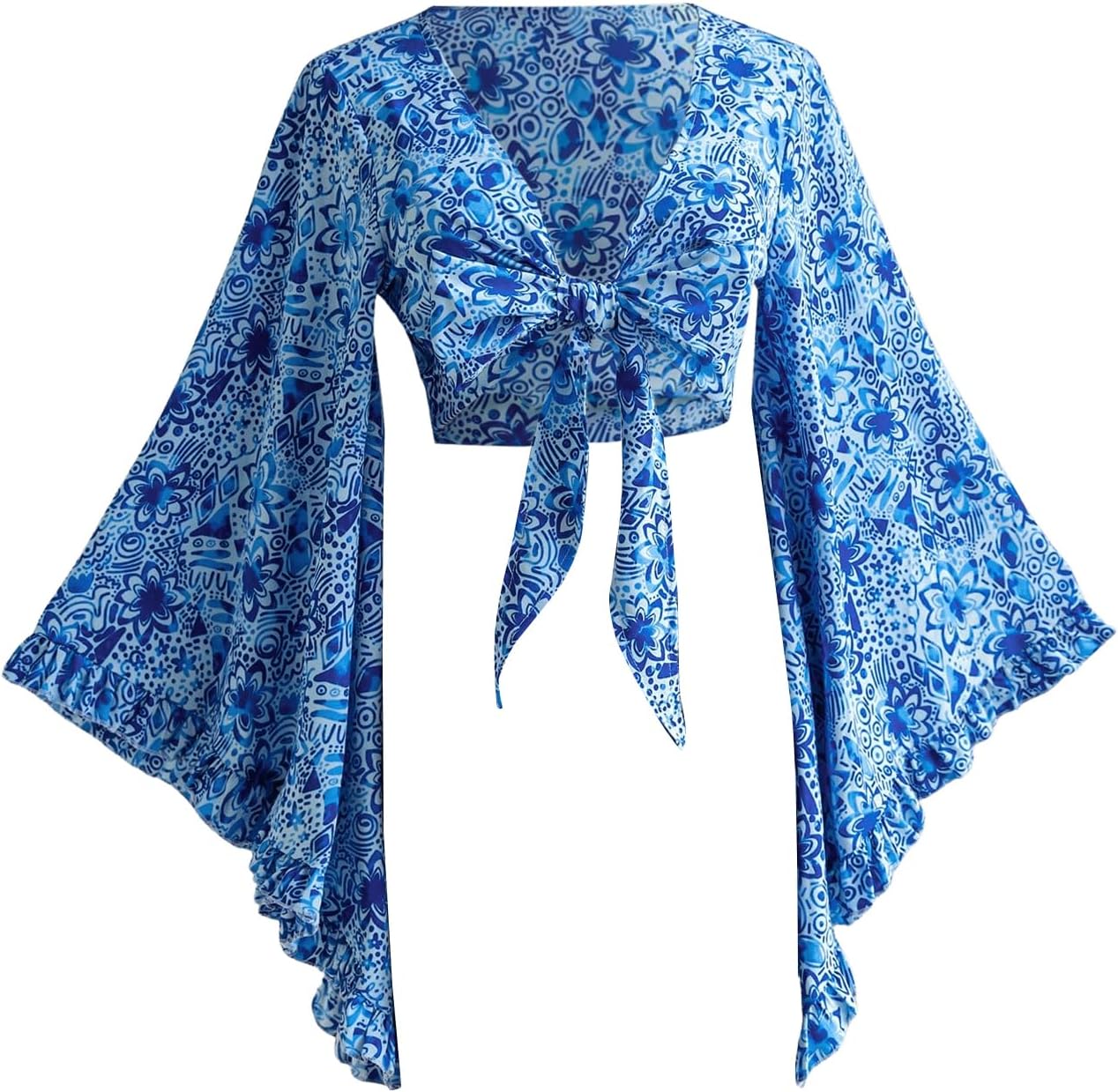 Women's Boho Tops Western Country Concert Outfits Tie Front Long Bell Sleeve Tops 70s Hippie Disco Clothes