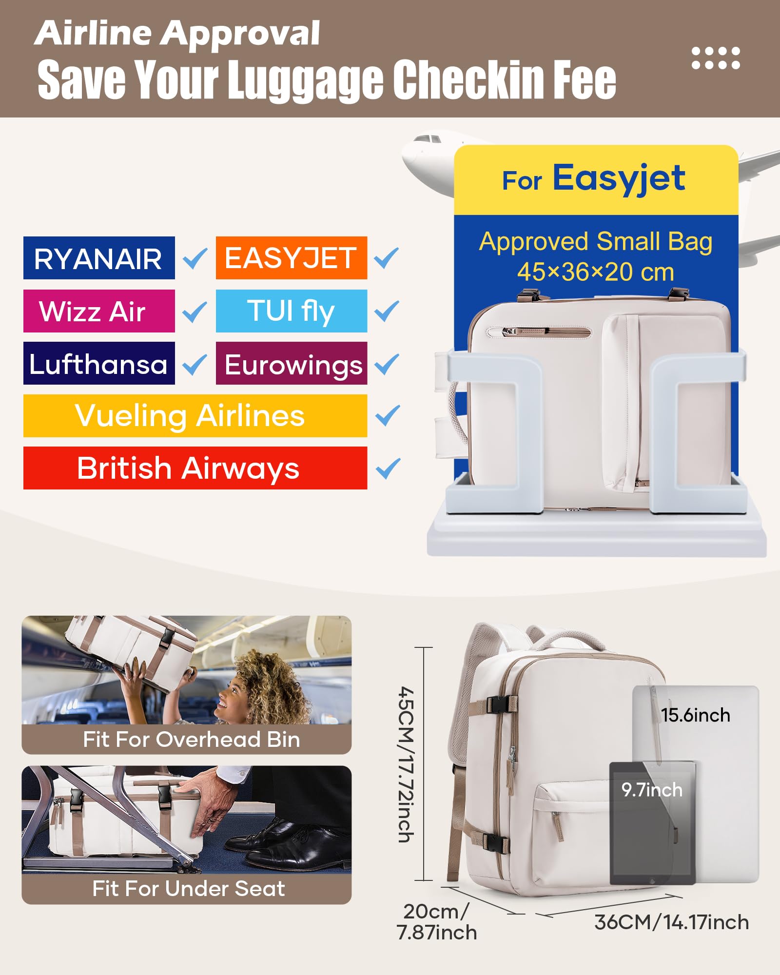 SZLX Zaino Ryanair 40x30x20 Sottovuoto con pompa Zaino Ryanair 40x20x25 Sottovuoto Bagaglio a Mano 40x30x20 Wizzair Zaino da Viaggio 45x36x20 Easyjet Donna Zaino Casual Laptop 14 Pollici Impermeabile