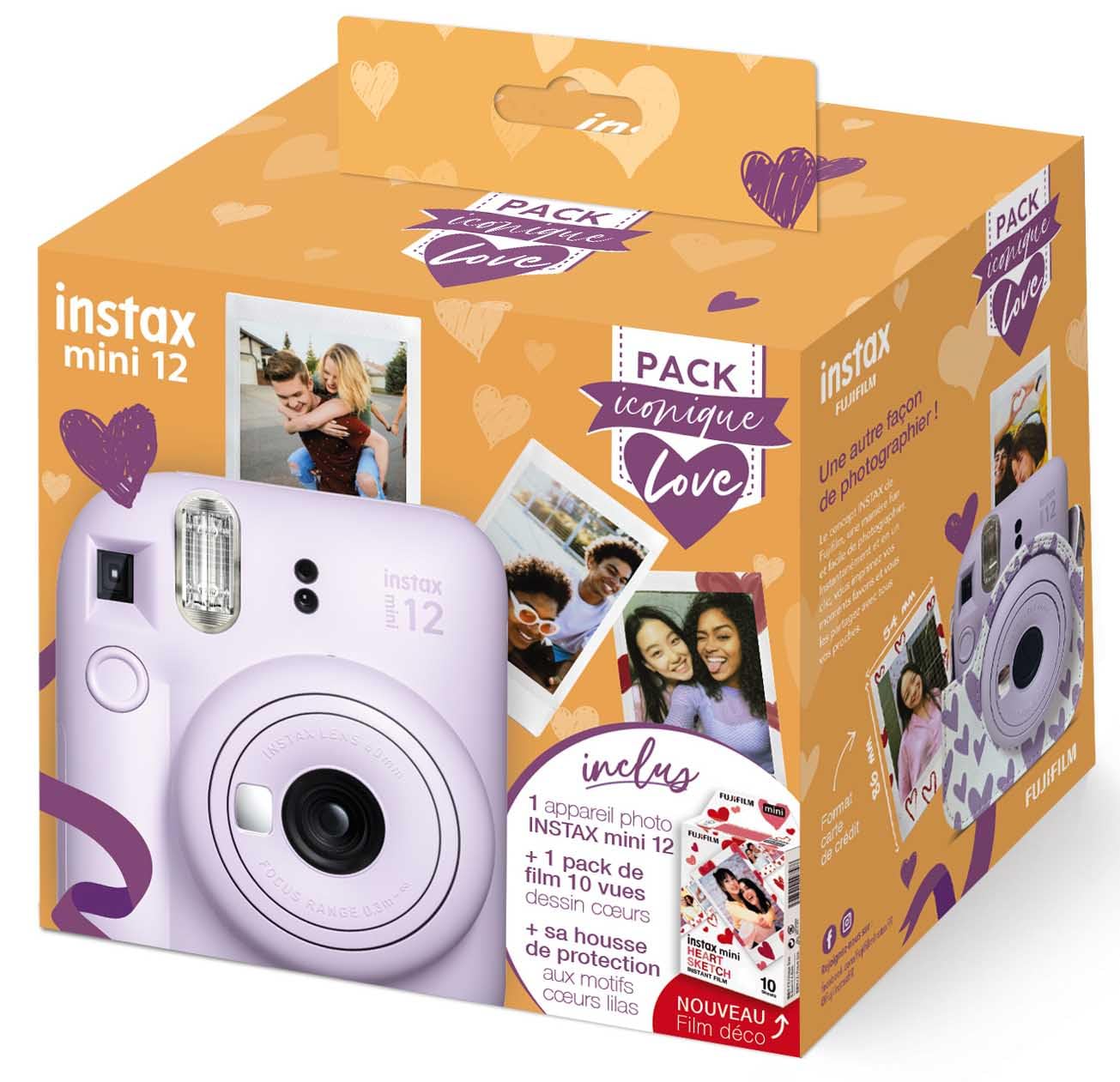 Pack Iconique Love Appareil Photo instantané Fujifilm instax Mini 12 Violet + Pack de Film 10 Vues + Housse de Protection