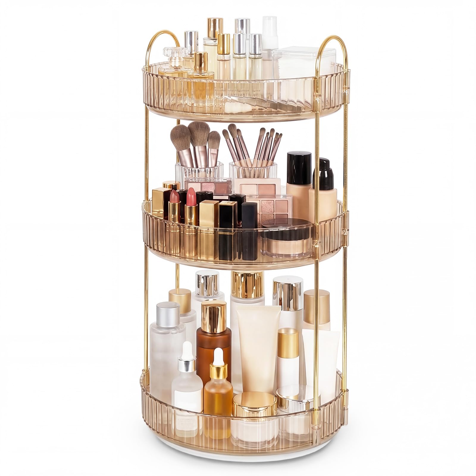 Ilus Gold 360 Rotating Makeup Organiser, 3 Tier Make Up Storage Organiser, Cosmetics Storage Box With Metal Frame, Large Capacity Perfume & Skincare Organizer For Bathroom, Vanity, Bedroom,