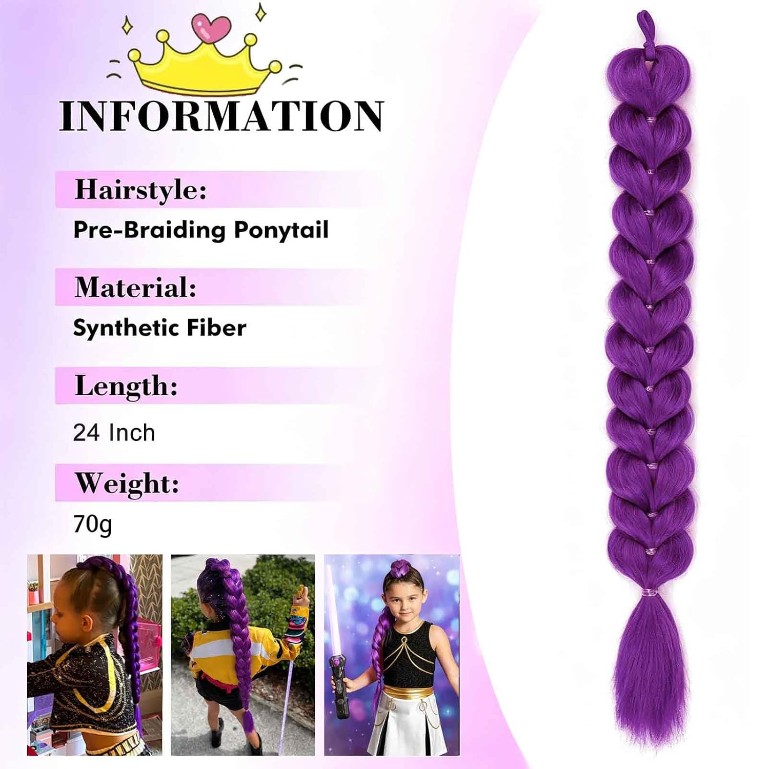 24 Inch Purple Braided Ponytail Braiding Hair Extension Braids with Tie image 3
