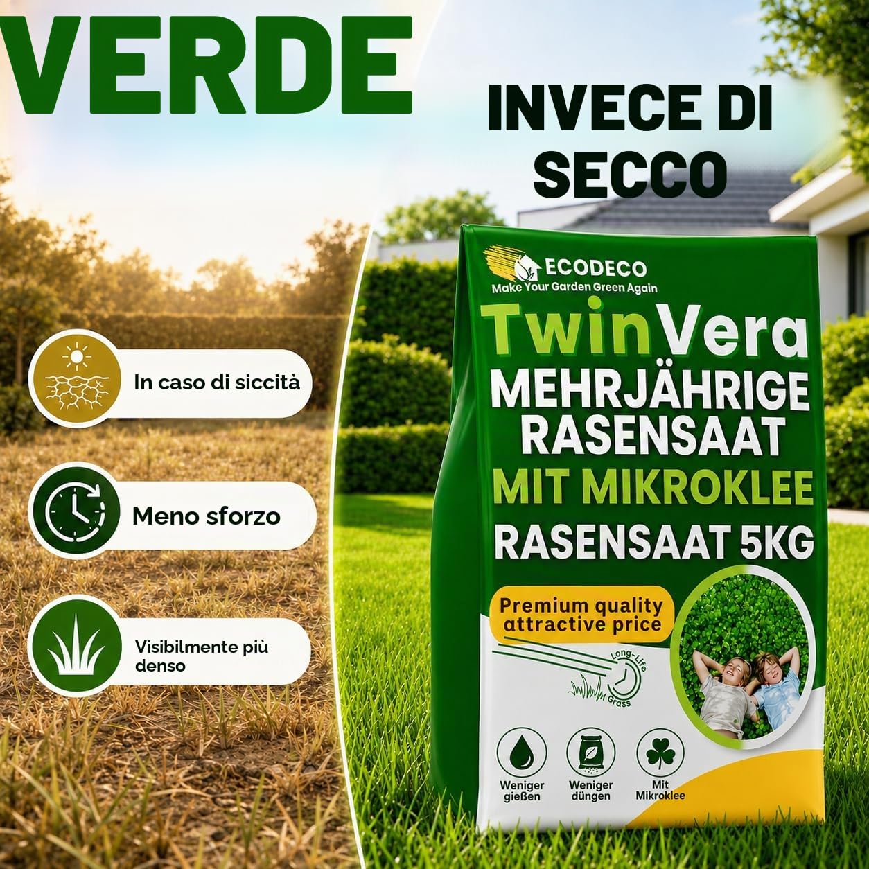Semi Prato con Trifoglio Nano Pipolina 25kg per 1000m² | Sementi Erba Resistente alla Siccità e Calpestabile – Mix per Giardino Autopopolante e Trasemina