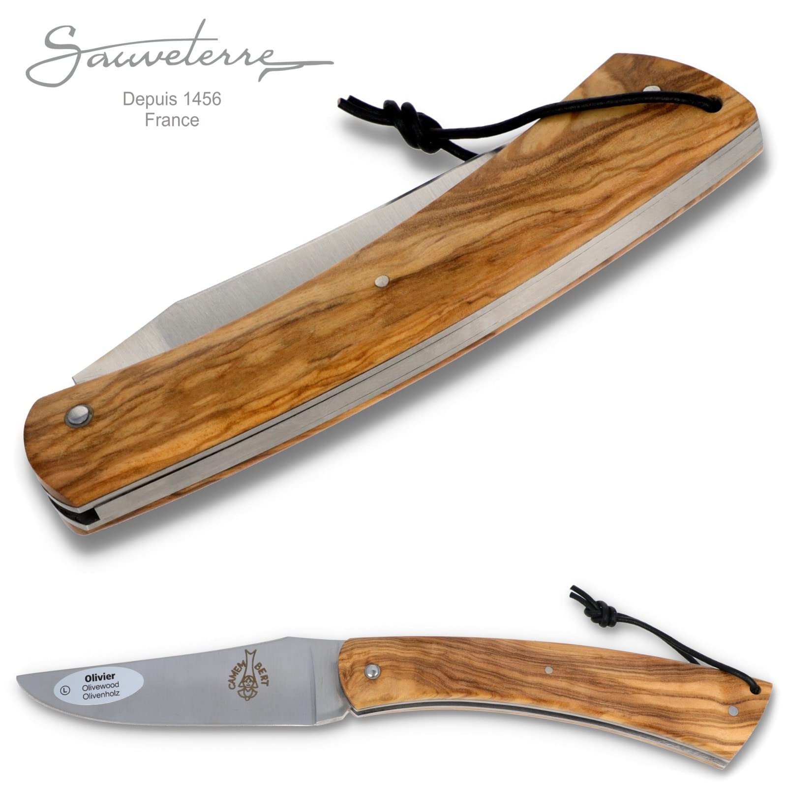 Sauveterre Le Camembert Taschenmesser - 11 cm voller Griff Olivenholz - Klinge satiniert - Messer Frankreich handgefertigt