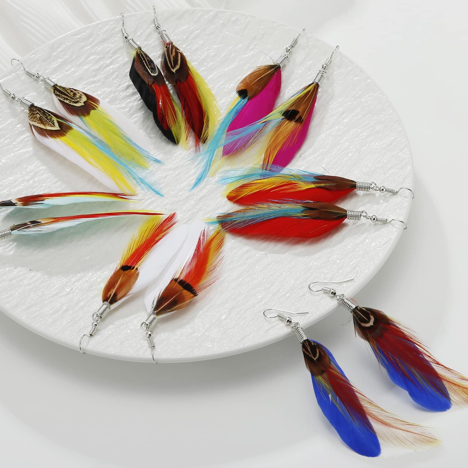 7 Pairs Women Boho Feather Earrings Colorful Faux Feather Statement Earrings Drop Dangle Earrings Set for Women(ea000073) - Image 2