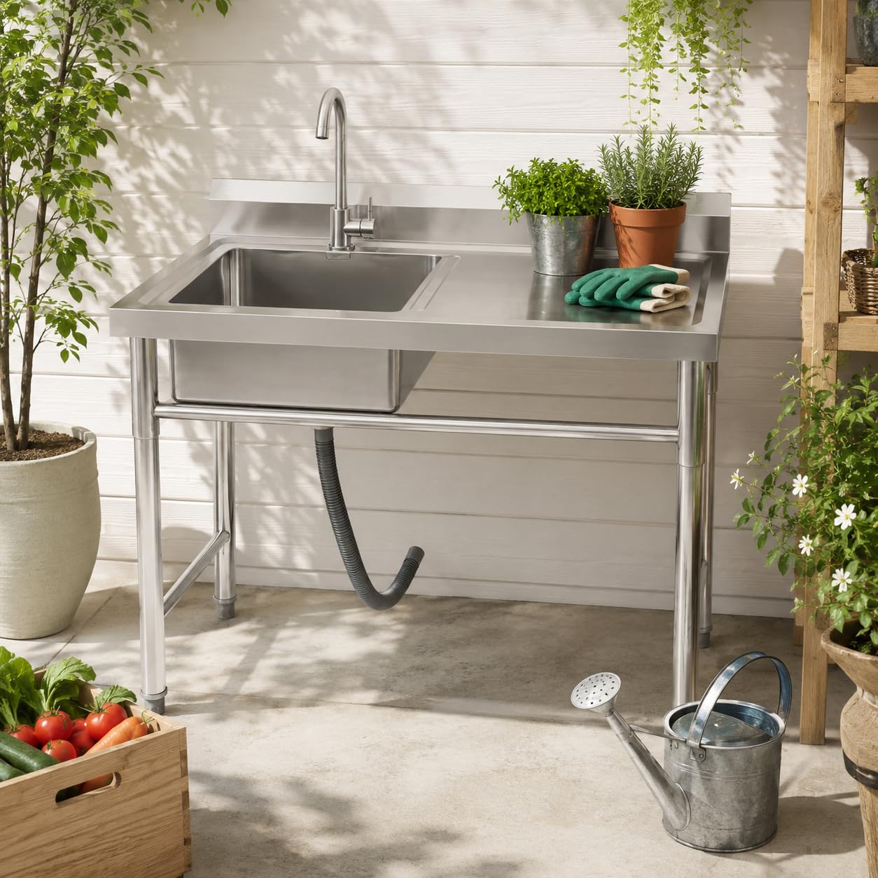 Fregadero de acero inoxidable independiente, fregadero con grifo, superficie de almacenamiento y colador de desagüe, fregadero gastro 1 cuenco, fregadero exterior para cocina, jardín, garaje