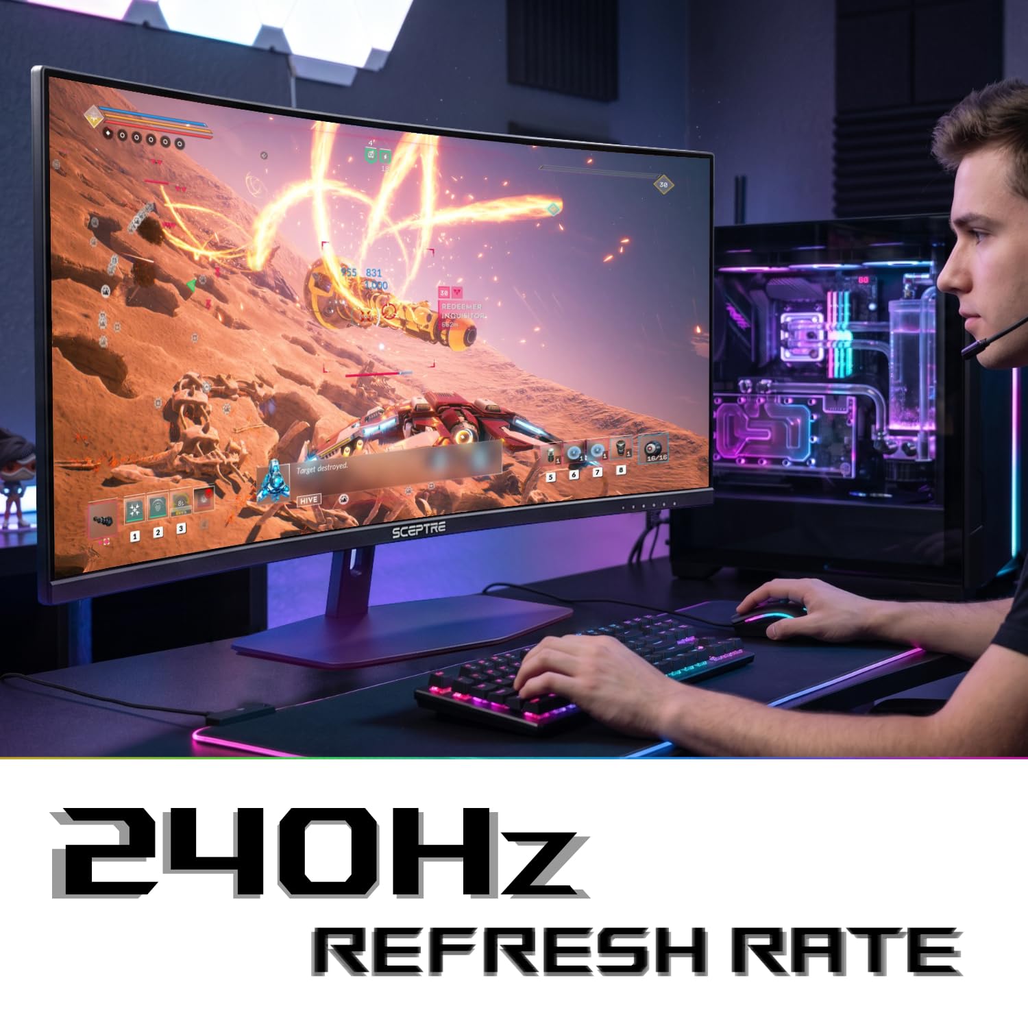 Sceptre - Monitor de Juego Curvo de 34" Prime 3440 x 1440 a 240 Hz 1500R 1 ms 100% sRGB DisplayPort x2 HDMI x2 Altavoces Integrados Machine Black 2027 (C345B-QU240T Series)