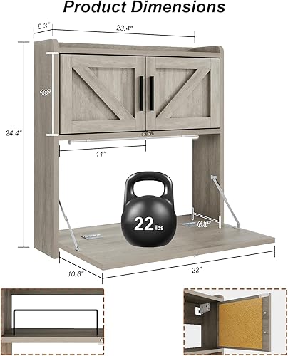 Miniatura 3 de ARTETHYS Escritorio montado en la pared con luz LED, multifuncional de estilo granja, plegable para computadora portátil, mesa de trabajo con
