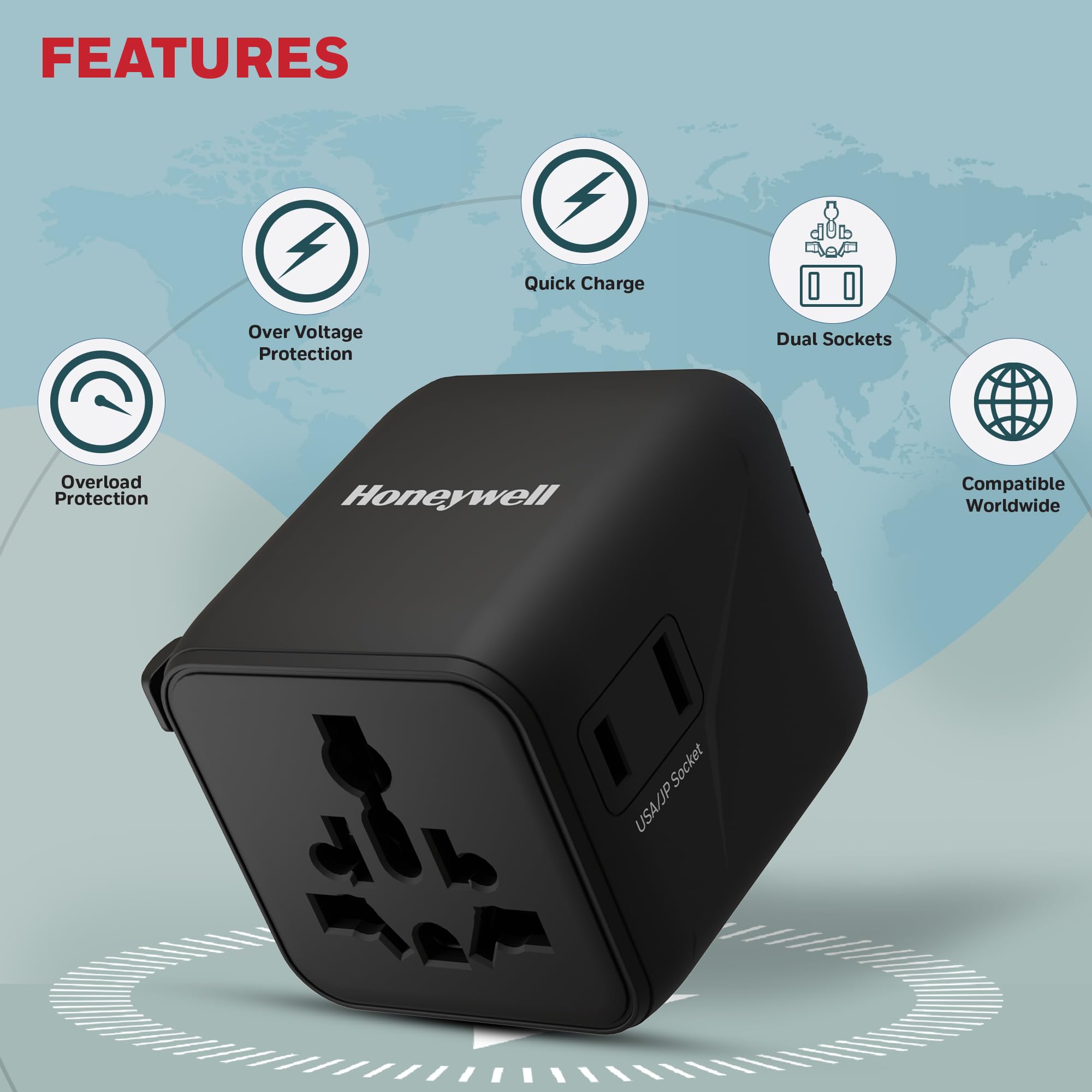 Honeywell New World Travel Adapter, Universal & US Socket, Charge 2 Devices Simultaneously, Worldwide Plug for EU, US, UK & CN/AUS, Overload & Over Voltage Protection, 3 Year Manufacturer Warranty 1