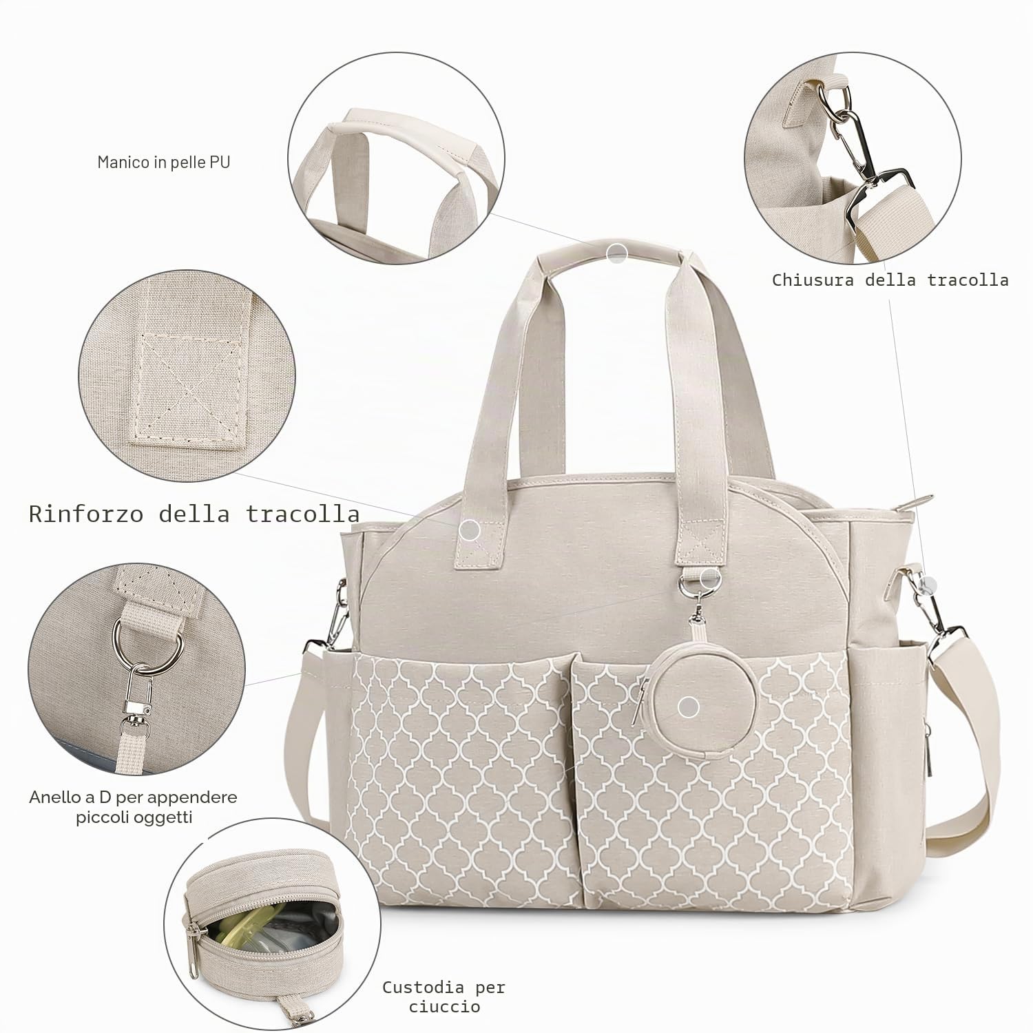 Borsa per pannolini con fasciatoio multifunzione Beige tracolla regolabile