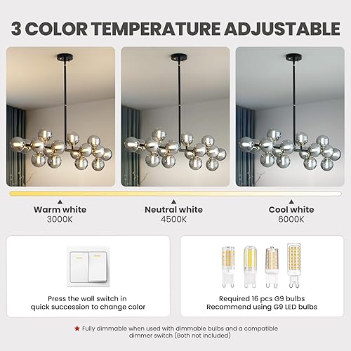 Miniatura 3 de CROSSIO 16 luces de mediados de siglo, moderna lámpara lineal negra, lámpara colgante Sputnik con globo de vidrio para comedor, cocina, granja