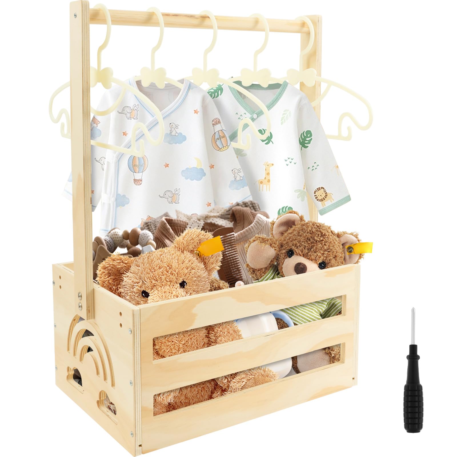 Baby Geschenk Korb,Holz Baby AufbewahrungSkorb mit Griff und 5 KleiderständerBabyparty Dusche Kiste Schrank, Personalisierte Neugeborene Korb für Geburtstage Babyparty Geschenk Weihnachten Neue Eltern