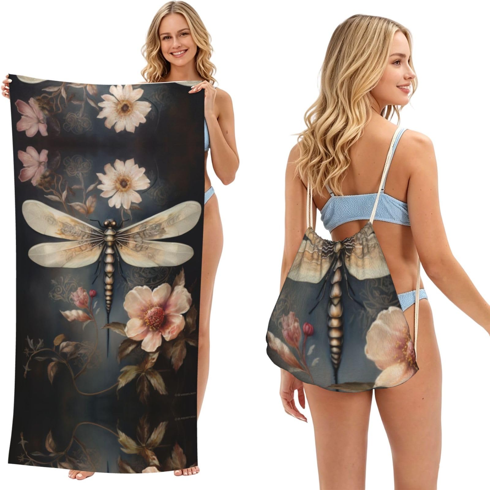 SXZVVBN Dragonfly on Peony 2-in-1 Beach Towel Bag, Quick Dry Sand Free Travel Towel Backpack for Adults
