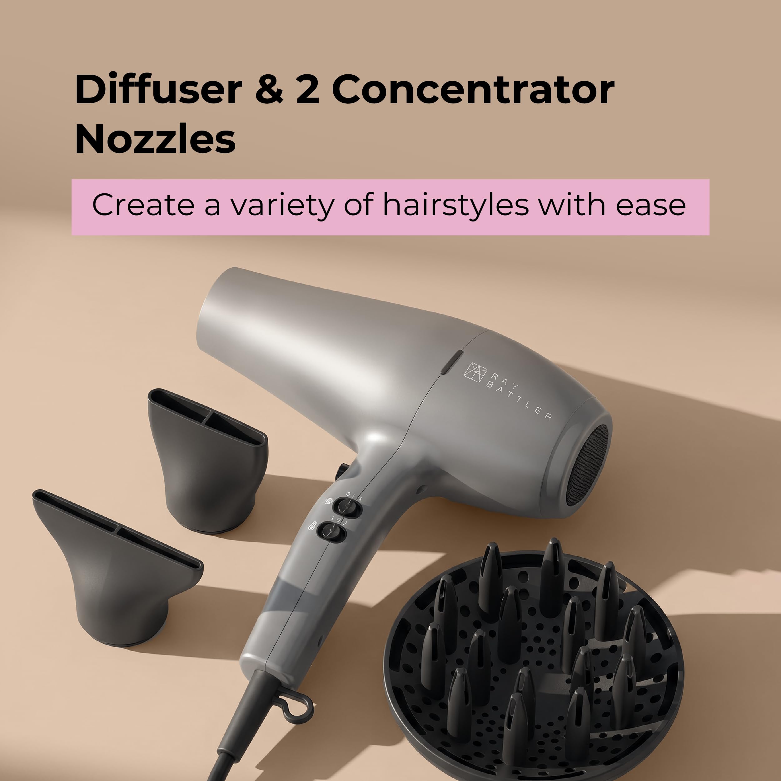 Suszarka do włosów z dyfuzorem, 2600 W, z silnikiem AC, 3 poziomy temperatury, 2 poziomy powietrza, funkcja zimnego powietrza, zdejmowany filtr powietrza, 2 dysze do stylizacji, kabel 2,5