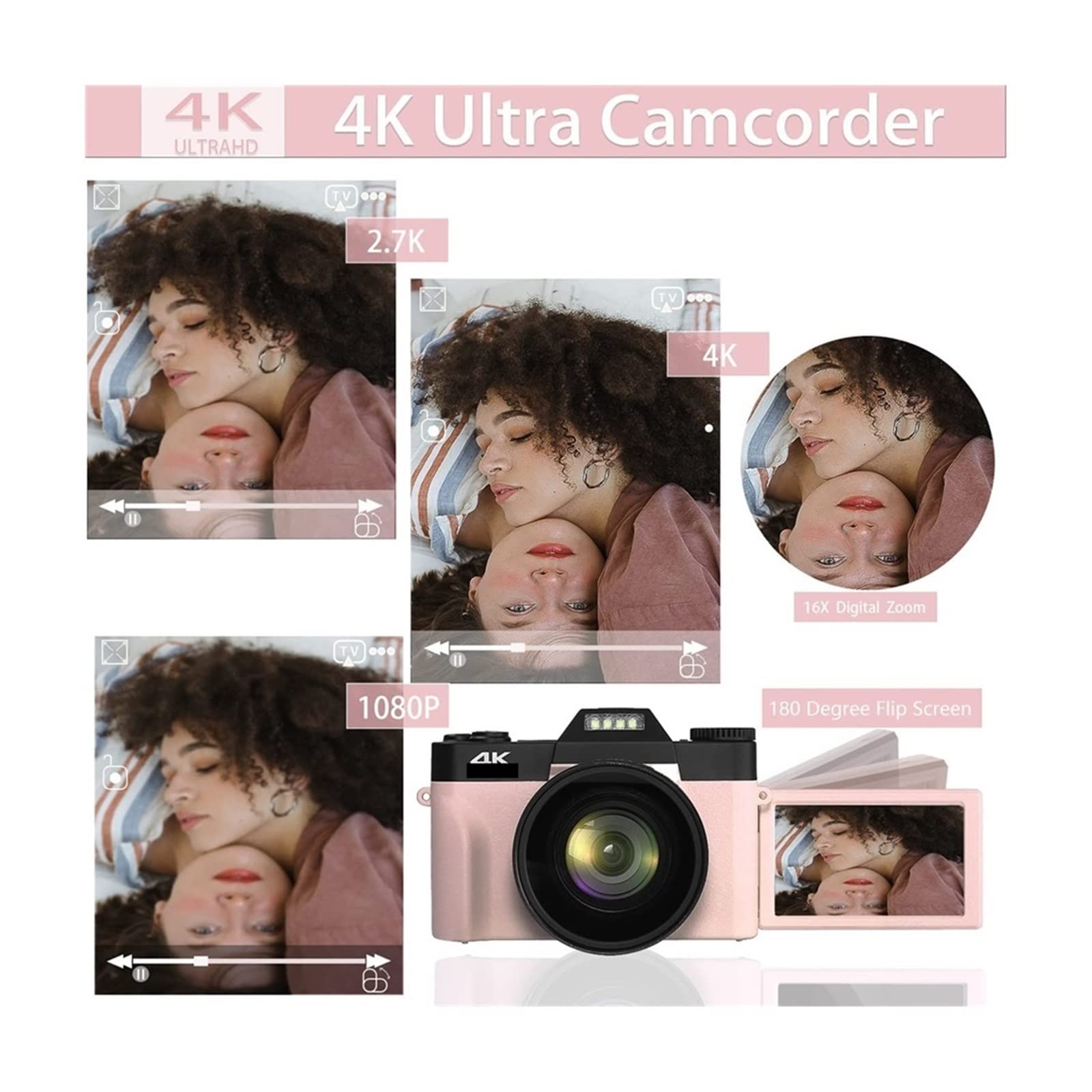 Cámara de vídeo Vlogging Cámara Grabadora 2 PCS 48MP Cámara de Fotos Digital for fotografía Flip Screen Selfile Videocámara 16X Zoom 4K Streaming Video Camera(64G TF Card)