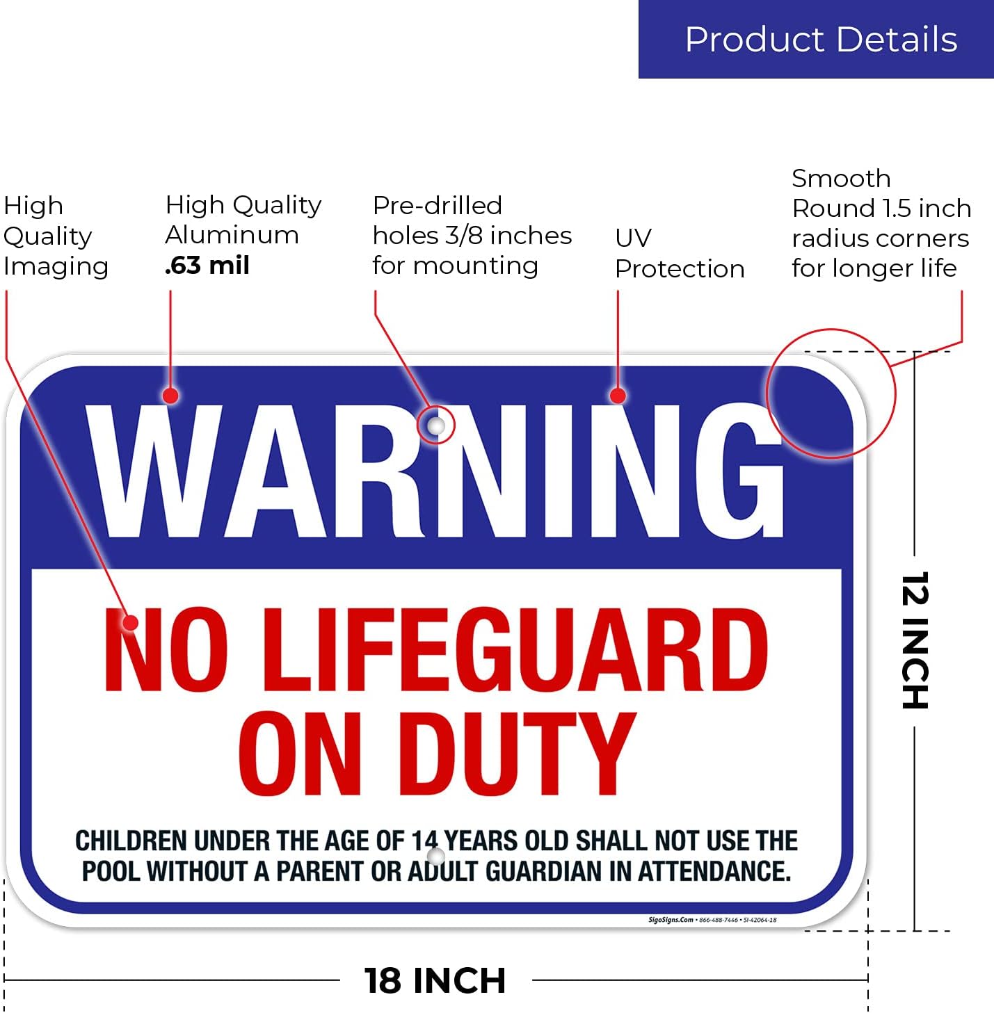 Pool Sign, Warning No Lifeguard On Duty Sign, 12x18 Inches, Rust Free .063 Aluminum, Fade Resistant, Made in USA