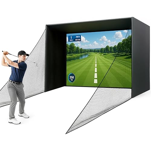 Golf Simulator Enclosure with Upgraded Impact Screen – High Clarity Projection Surface, Thick Foam Edge Padding, Safety Side Nets & Frame for Home Indoor Golf Setup