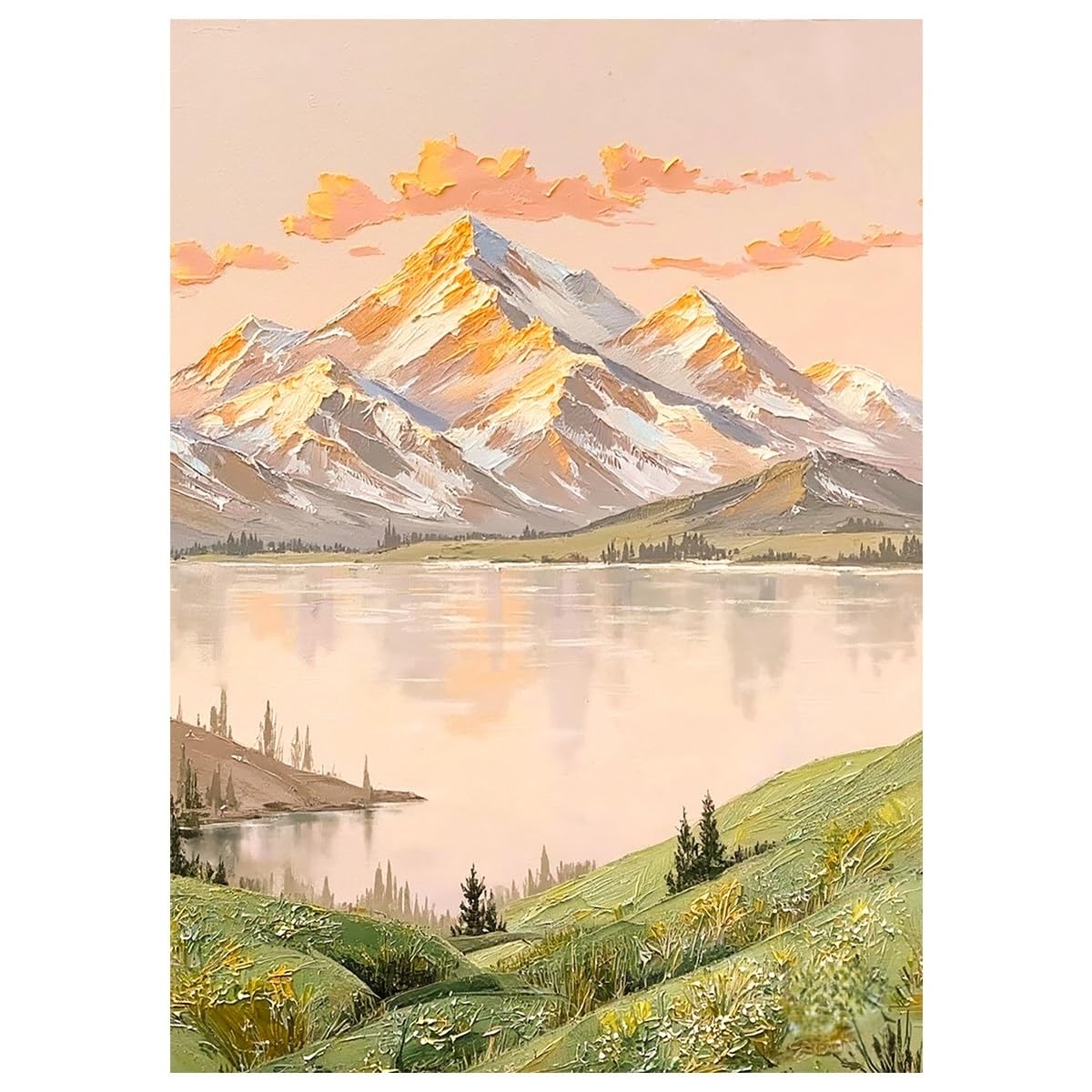 LCDIUDIU Oil Canvas Paintings for Living Room Sunlit Mountain Lake Wall Art Hand Painted Unframed Textured Sunrise Landscape Wall Decor Modern Artwork for Bedroom Office Home 150X220Cm(60X88Inch)