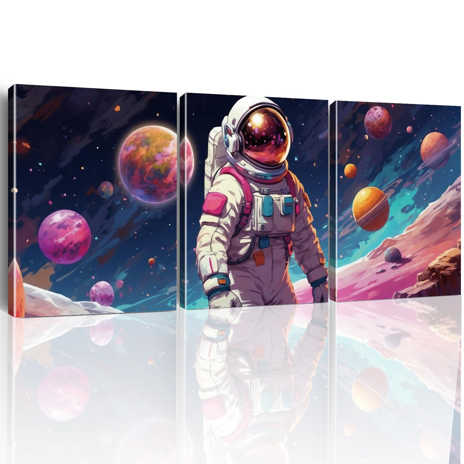 Hijie Outer Space Wall Decor Space Wall Art Astronaut Spaceman Planets Canvas Prints Posters Framed Artwork Space Room Boys Bedroom Playroom Home Space Decorations, 3 Panels