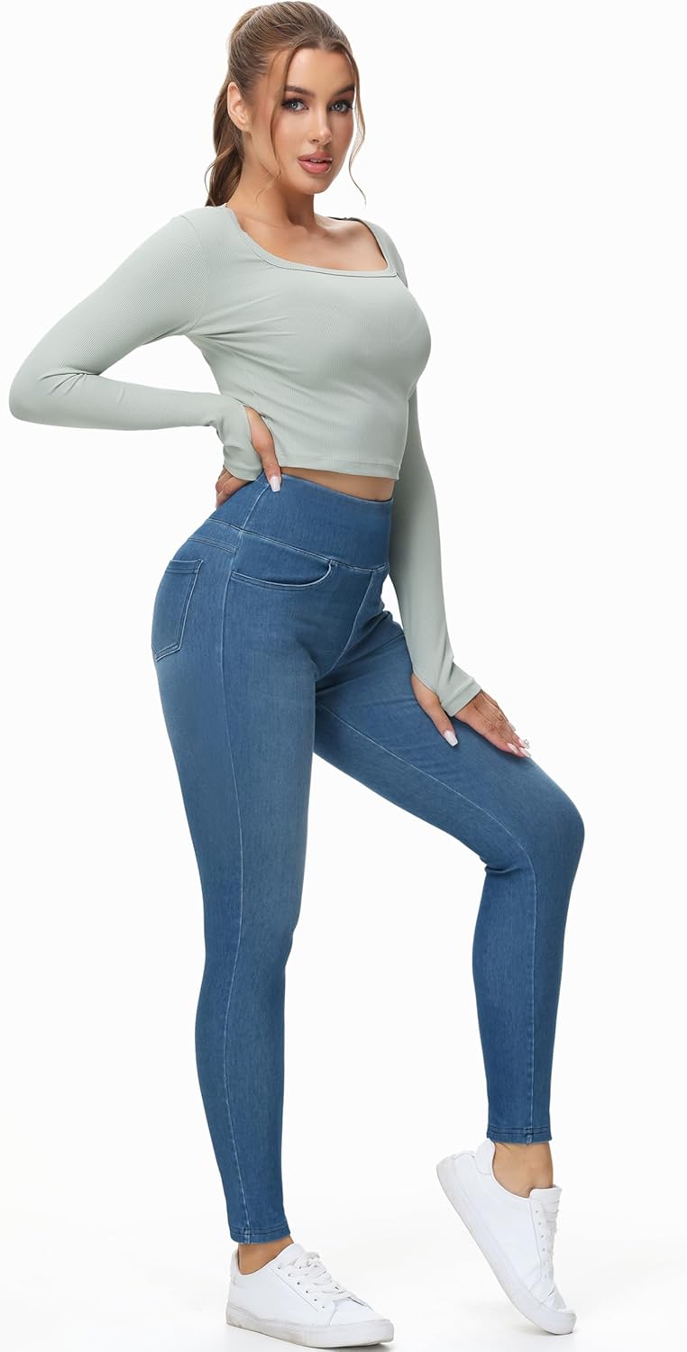 THE GYM PEOPLE Women's High Waisted Jeggings Pants Stretchy Tummy Control Skinny Jean Leggings with Pockets - Image 7