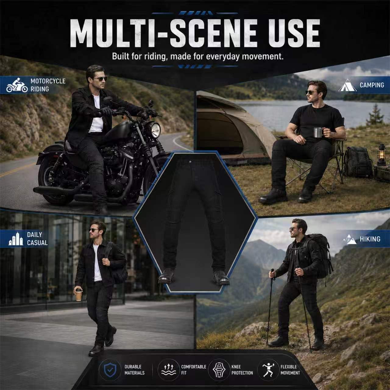 LZQpearl Herren Motorradhose, Männer Frauen Motorrad-Jeanshose Schutzhose mit 2 Paar abnehmbaren Schutzpolstern für Hüfte und Knie, Mit Protektoren Motorradjeans