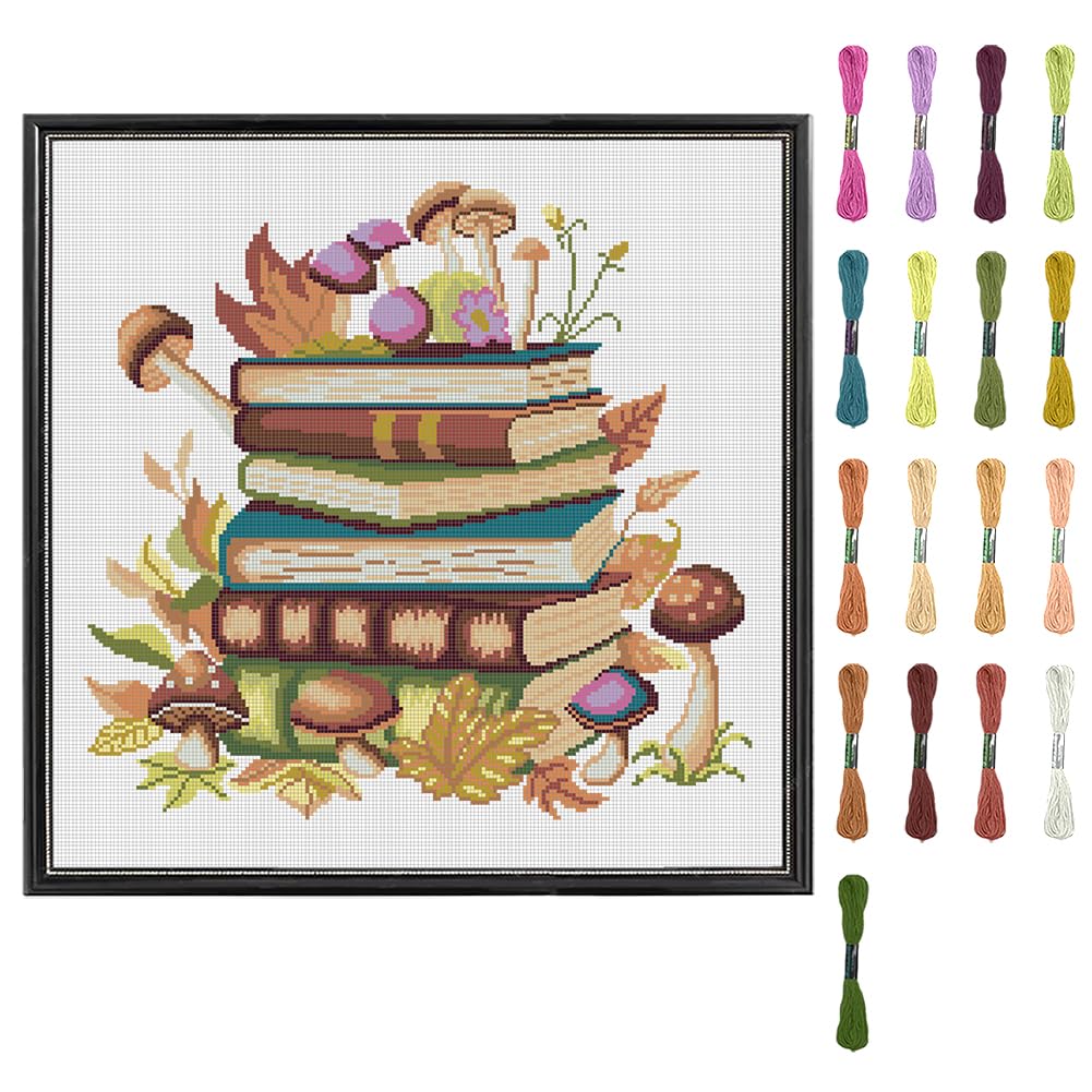 FREEBLOSS 11CT Cross Stitch Kits for Adults Books and Mushroom Pattern Printed Cross Stitch Kits for Beginners Wall Hanging Kit Embroidery Needlepoint Kit Home Decor 45x45cm — image 1