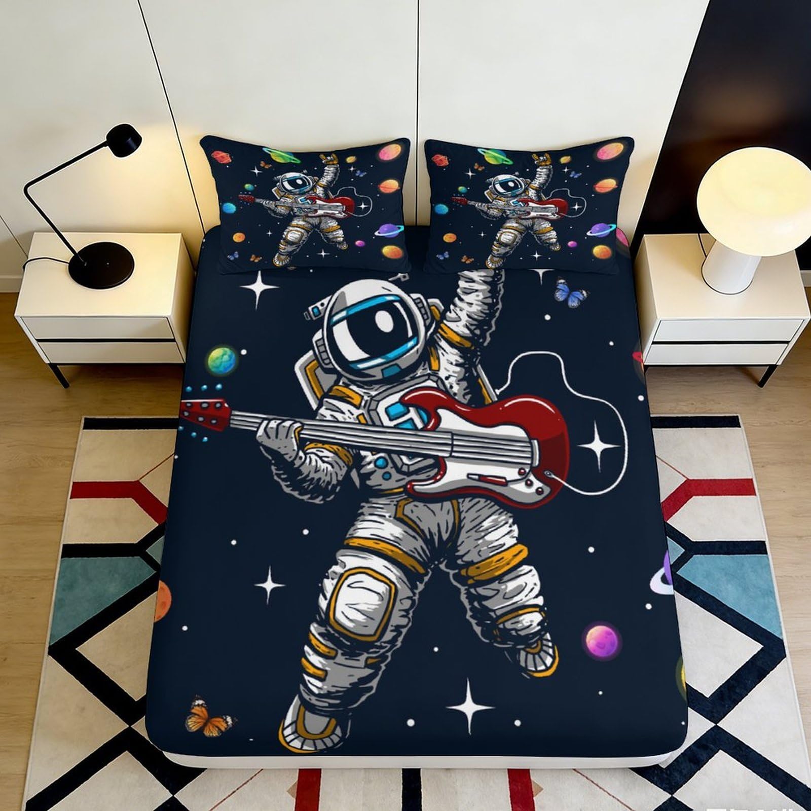 3D Printed Astronaut Space Fitted Sheet Microfiber Soft Breathable Cosmic Planets Mattress Cover for Bedroom Dormitory Guest Room Mattress Protection 160x200x25cm