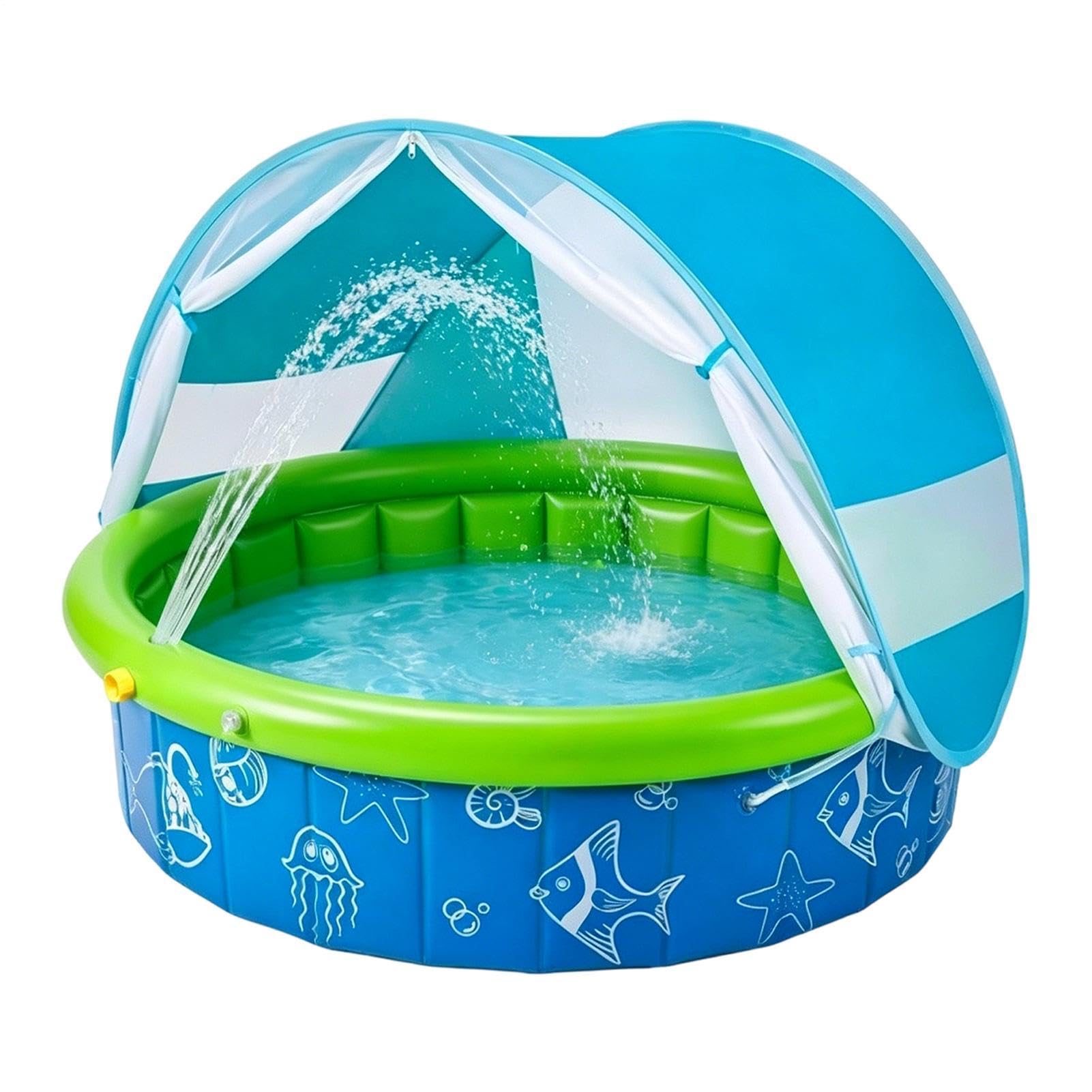 Kids Paddling Pool With UPF 50+ Sunshade, 100x100x30cm, Large Foldable Babys Pool Popups No Inflation Outdoor Water Toy, Portable Non-Slip Garden Pools, For Young Children Boys Girls Preschoolers