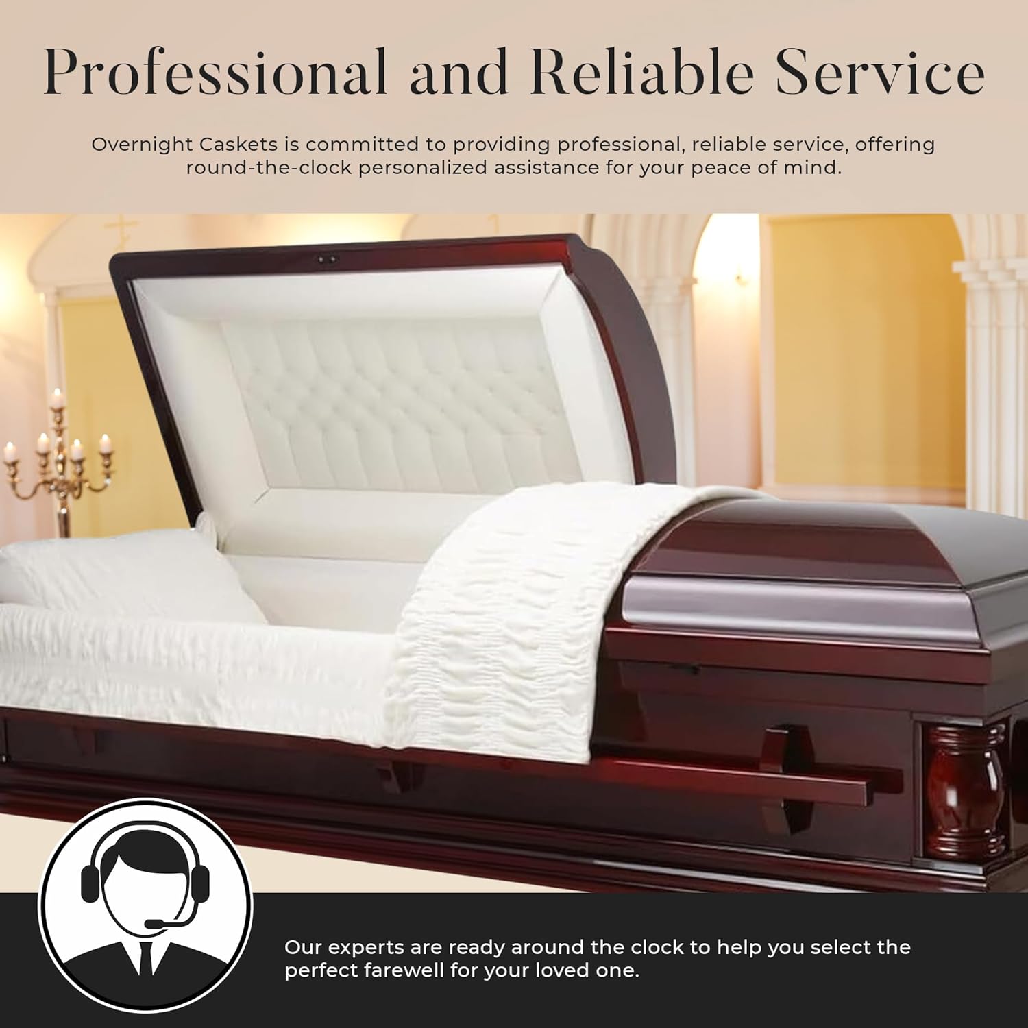 Overnight Caskets Elite Cherry Wood Funeral Casket with Almond Velvet Interior - Solid Poplar Wood - Fully Appointed Adult Casket for Cremation or Burial - Handcrafted Coffin with Pillow & Throw Set