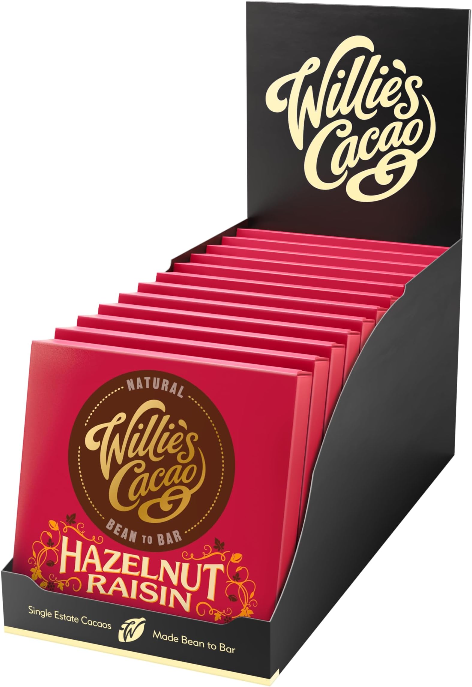 Willie's Cacao - Hazelnut Raisin 70% Dark Chocolate bar - 50g x 12 multipack - Vegan - Artisan made