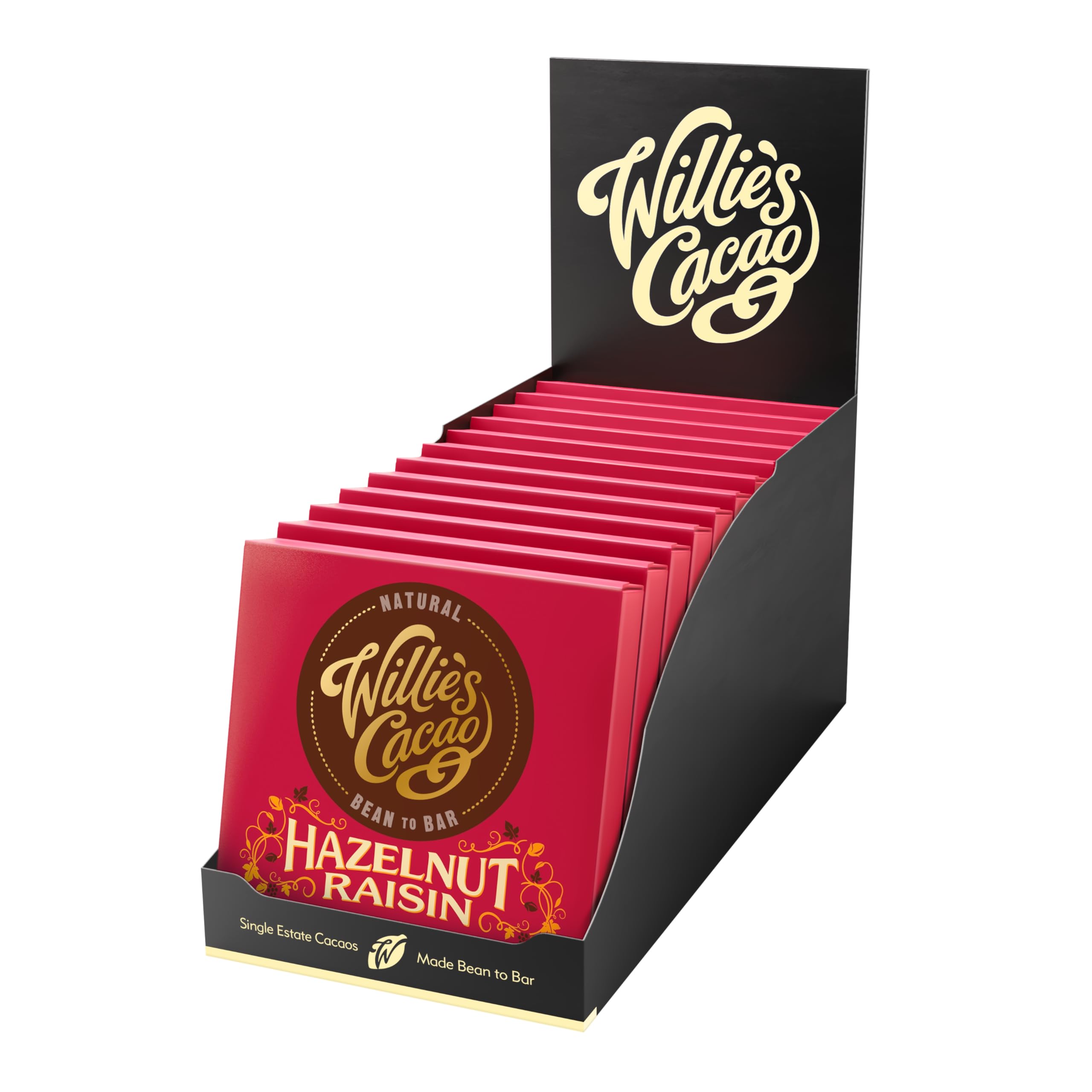 Willie's Cacao - Hazelnut Raisin 70% Dark Chocolate bar - 50g x 12 - Vegan - Artisan made
