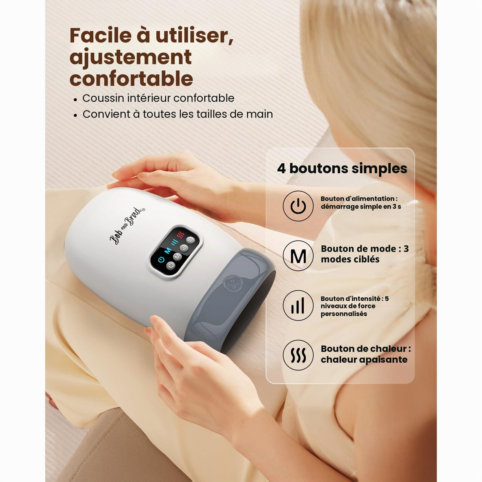 BOB AND BRAD H60 Masseur de Mains Chauffant, Appareil de Massage Électrique sans Fil à Compression, Aide à Soulager Arthrite et Canal Carpien, 3 Modes, Idée Cadeau
