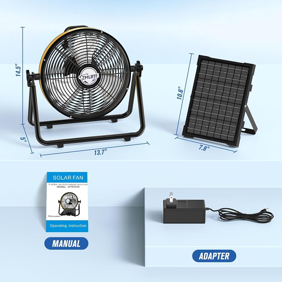 ZMLBTF 10 Inch Solar Powered Outdoor Fan with 10W Detachable Solar Panel | Built-in Rechargeable Battery, Dual Wind Speed & 360° Adjustable Tilt for Camping, Travel Tent, Greenhouse, image 9