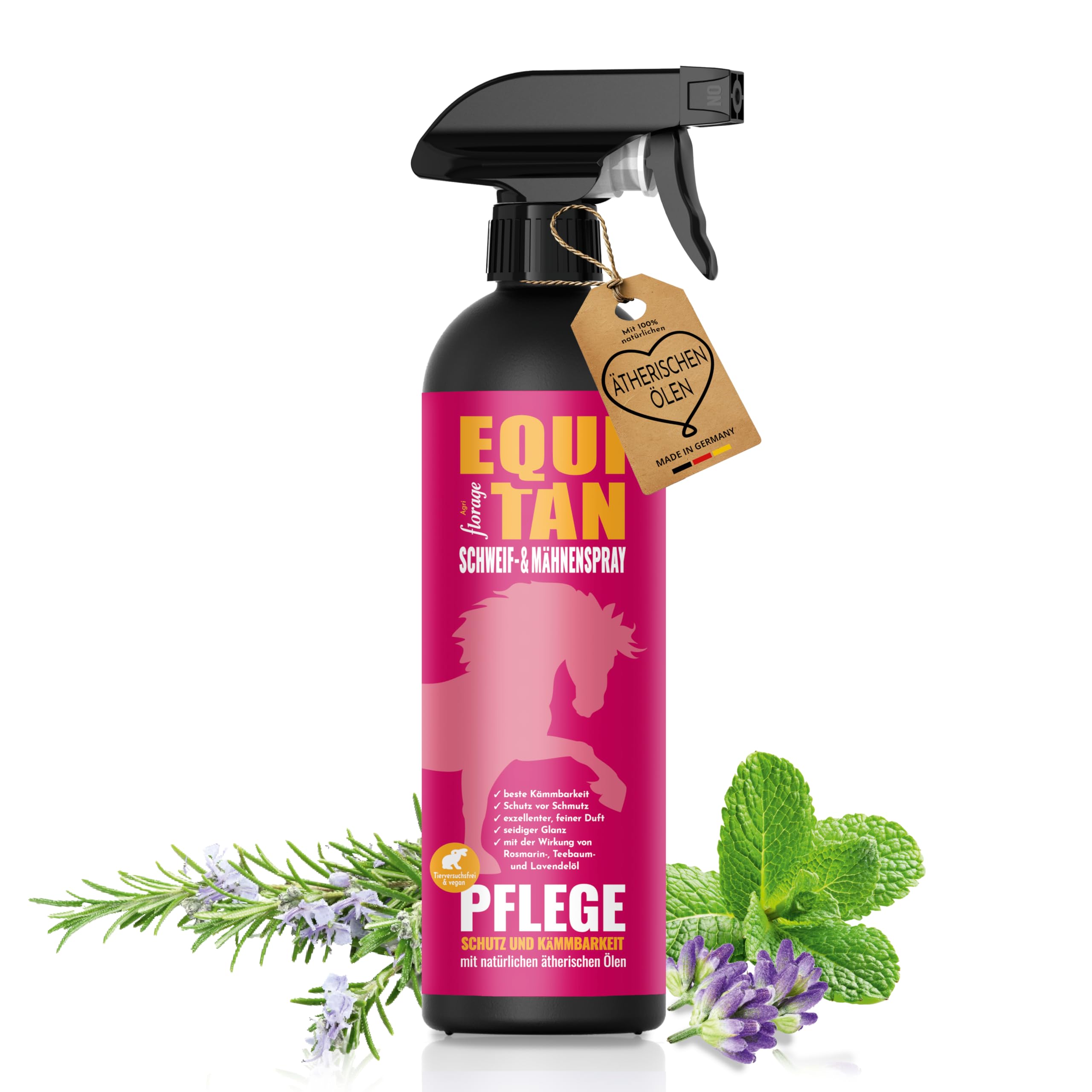 florage EQUITAN Schweif & Mähnenspray für Pferde, Für Pflege und Kämmbarkeit, Mit Ätherischen Ölen, ohne PEG und EDTA, Vegan, 500ml
