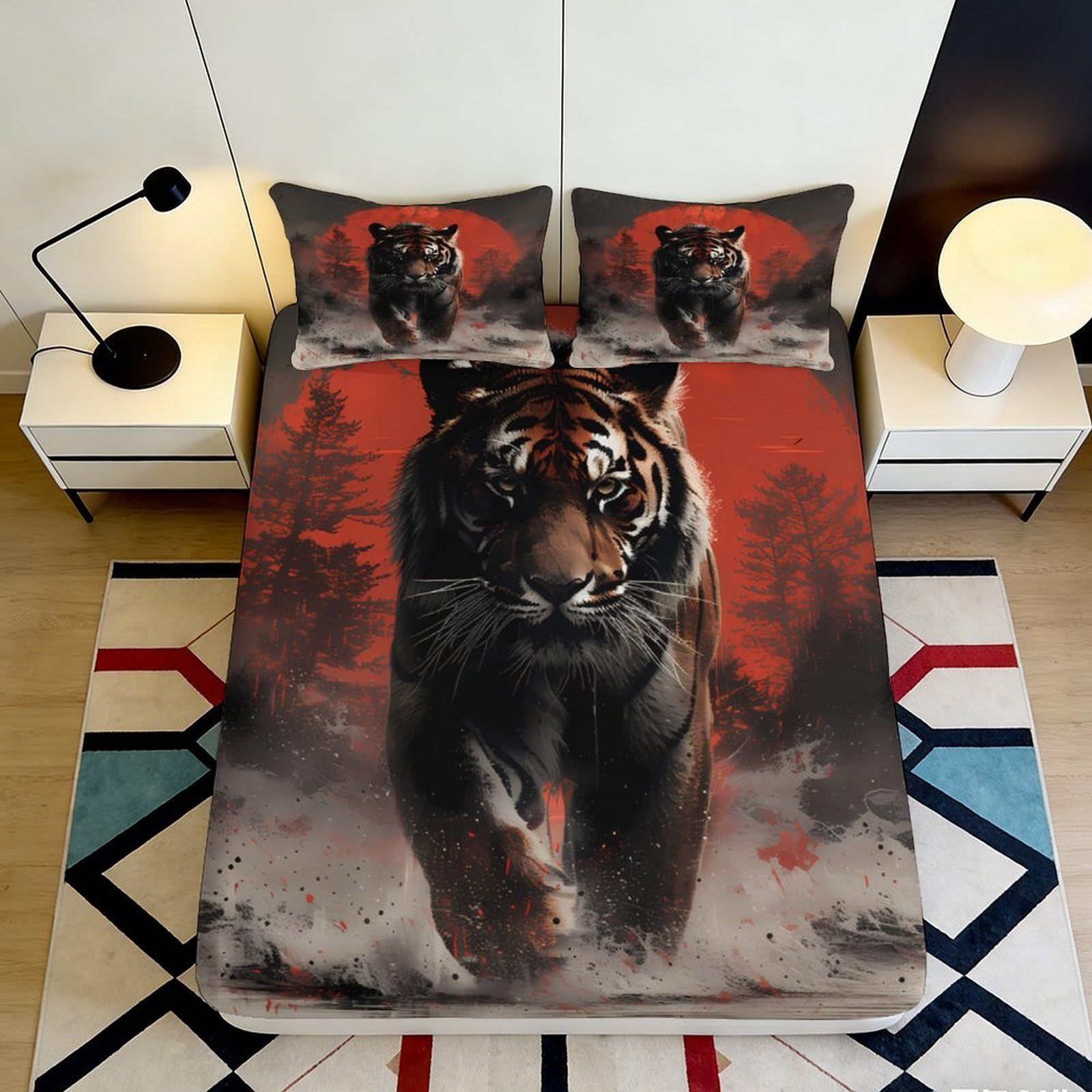 3D Printed Tiger Pattern Fitted Sheet Microfiber Deep Pocket Bedroom Bedding Tiger Mattress Fitted Cover Elastic Hem Washable 120x200x25cm