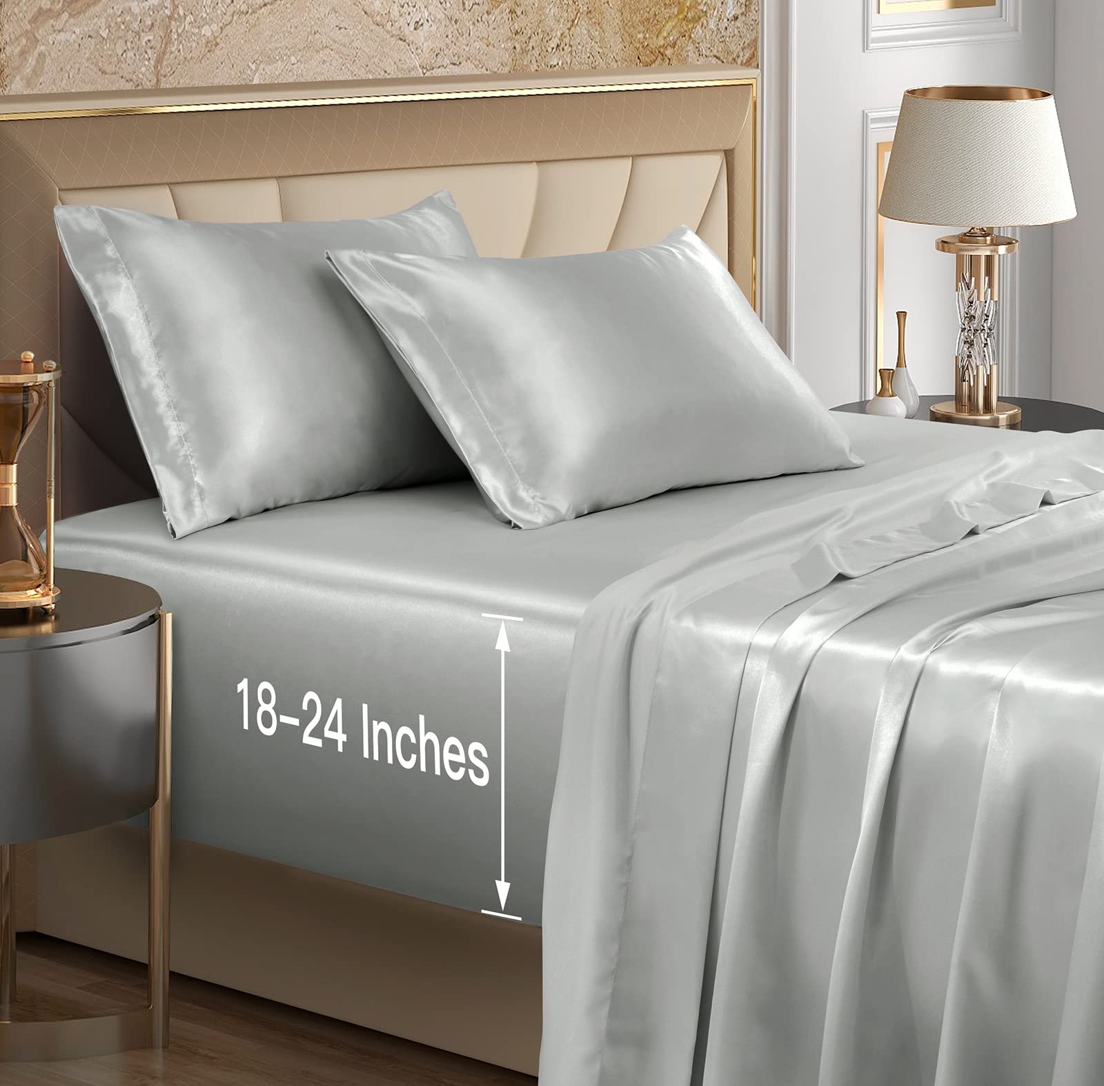 (similar)4pcs Extra Deep Pocket Satin Sheets Queen Size Bed Set, Silver Grey Satin Sheet Set Fit 18-24 Inch Deep Pocket Mattress, Silky & Luxury Satin Bedding Set Soft & Ultra Deep Fitted Sheet Set