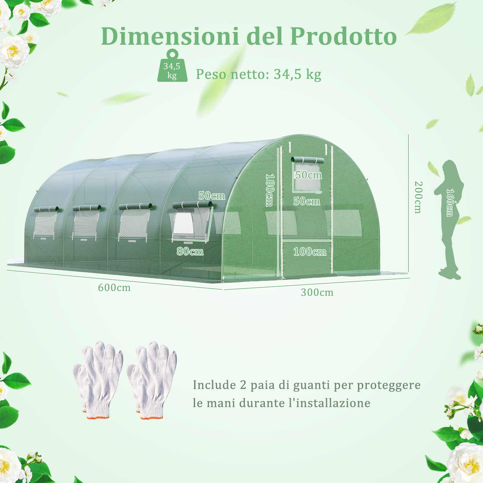 COSTWAY Serra da Giardino, Serra Tunnel per Piante e Orto con Copertura Resistente, Struttura Robusta in Acciaio Zincato, Finestre Avvolgibili e Porte con Cerniera (600 x 300 x 200 cm)
