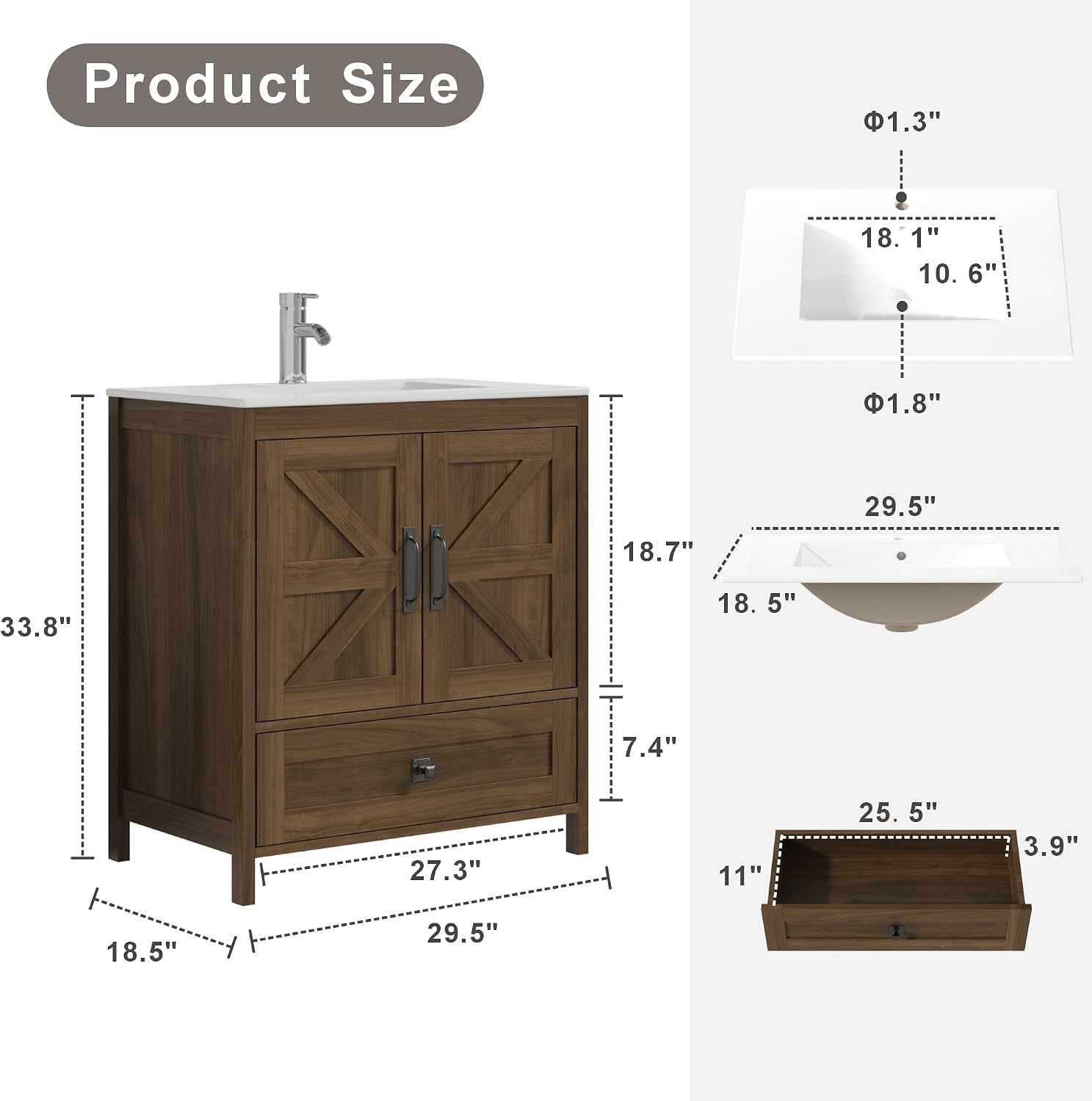 KIGOTY 30 Inch Farmhouse Vanity for Bathroom with Ceramic Sink, Vanity Sink Cabinet with Faucet, Wooden Sink Vanity, Freestanding Bathroom Sink and Cabinet, Bathroom Furniture Set