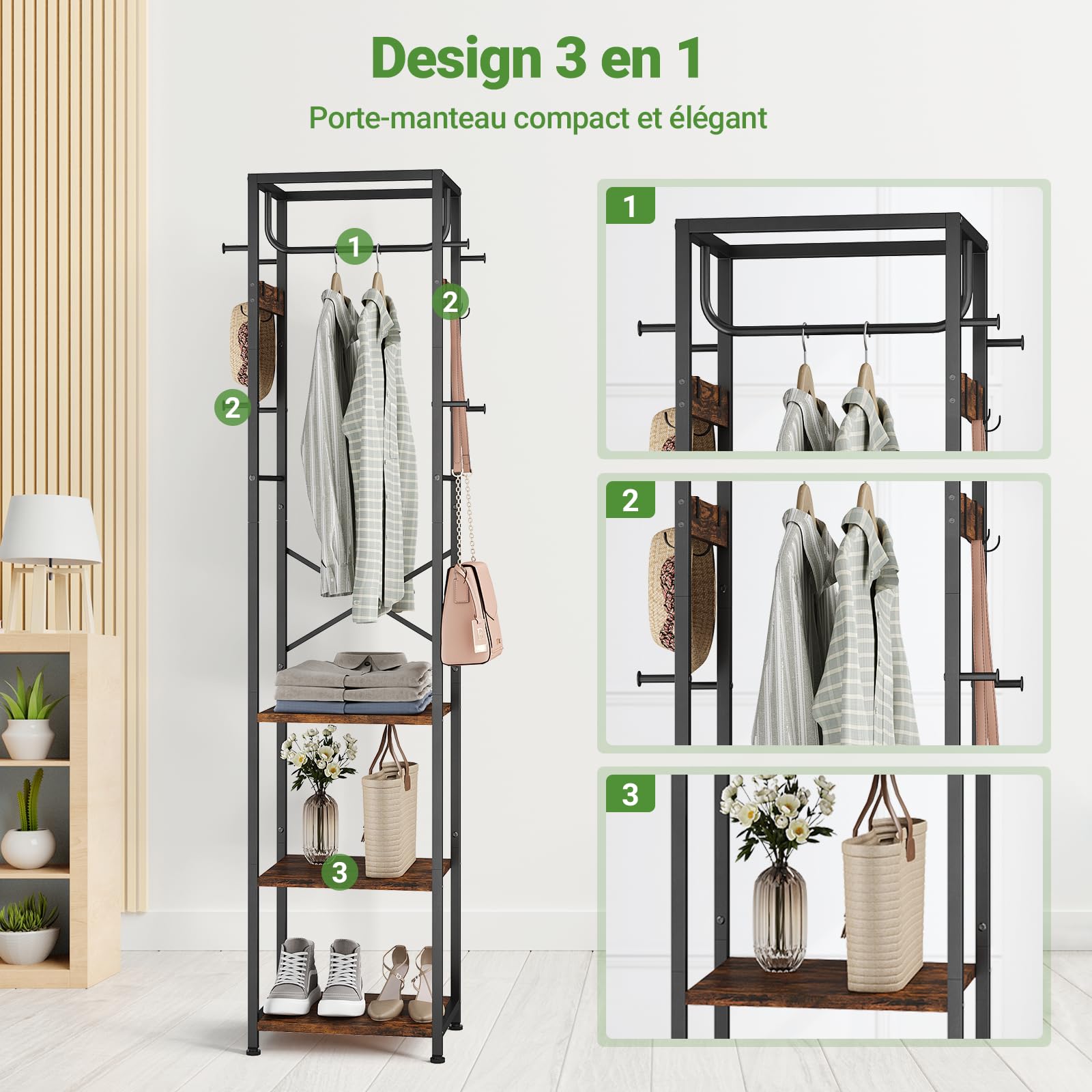 ELYKEN Vestiaire d'Entrée 40x30x180cm, Porte-Manteau Industriel | avec 3 Étagères Bois d'Ingénierie, Portant à Vêtements Gain de Place avec 12 Crochets pour Couloir Chambre, Marron Rustique