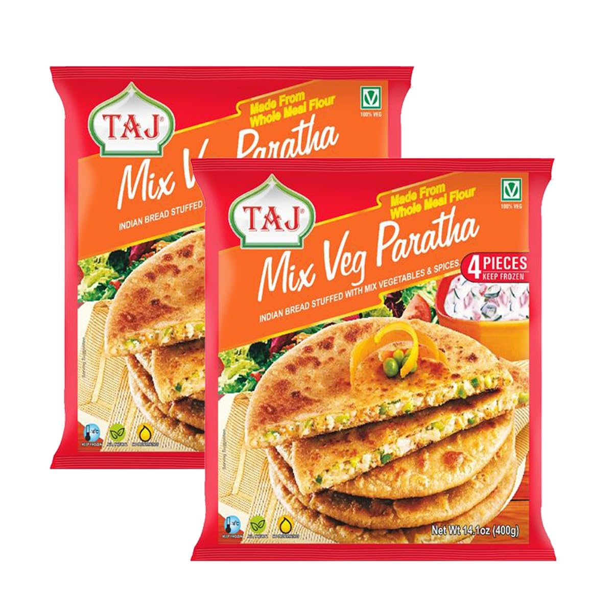 Taj Mix Veg paratha, 4Pieces, Made from whole Meal Flour, Indian bread stuffed with mix vegetables & spices, Traditional south asian flatbread, Suitable for Vegetarians, 400g (Pack of 2)