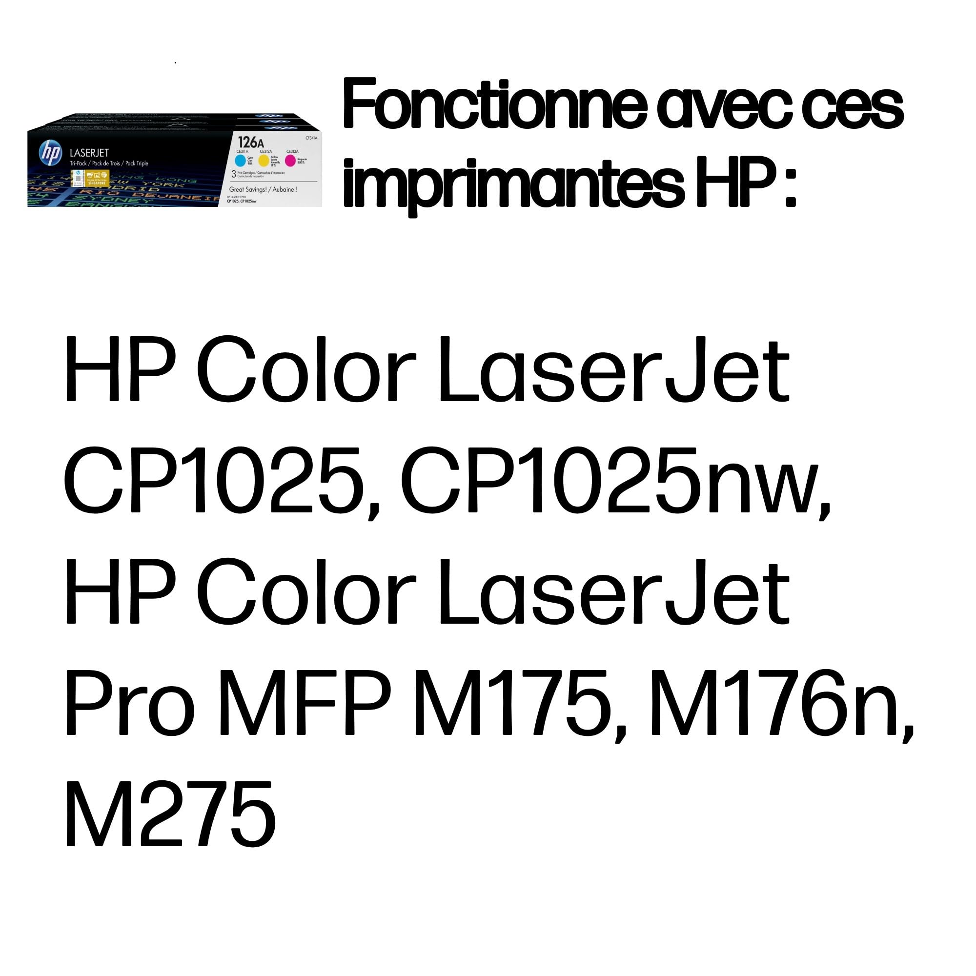 HP 126A CF341A Pack de 3, Toners d'origine, Imprimantes LaserJet Pro, Cyan, Magenta, Jaune