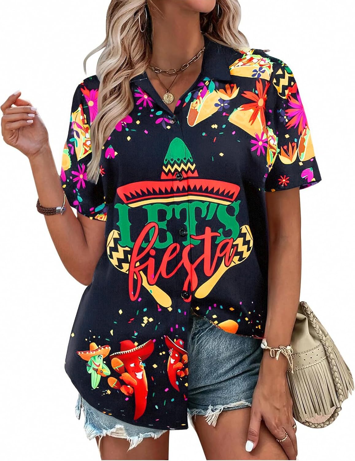 Cinco De Mayo Shirts for Women Mexican Fiesta Tee Lets Fiesta Funny Graphic Tops Casual Button Down Blouse Top