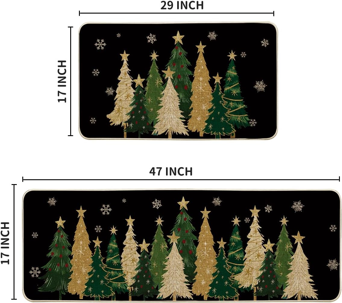 Artoid Mode Black Snowflakes Xmas Trees Christmas Kitchen Mats Set of 2, Winter Low-Profile Home Decor Kitchen Rugs for Floor - 17x29 and 17x47 Inch