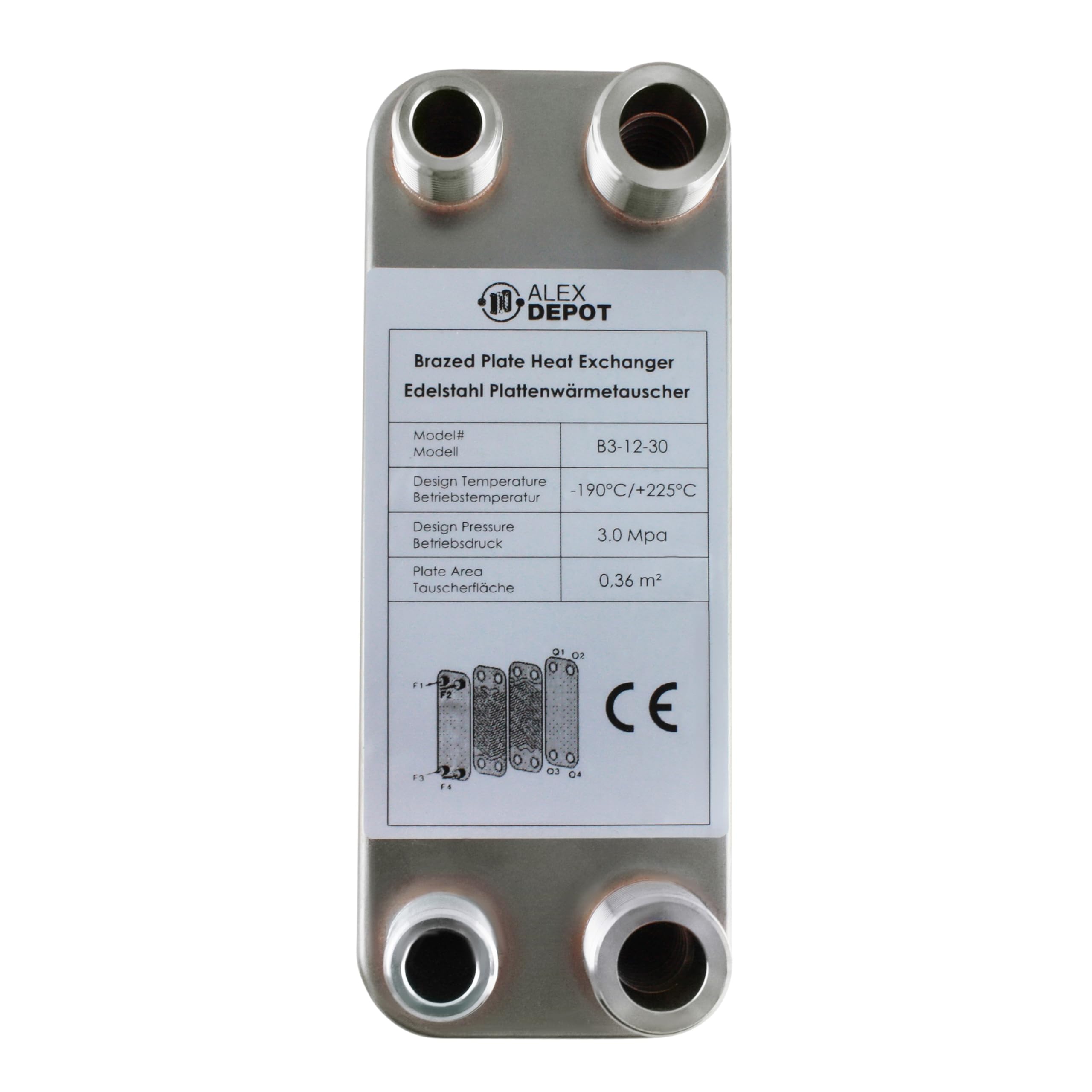Scambiatore di calore a piastre in acciaio inox B3-12-30 con attacco da 2 x 1/2 e 2 x 3/4 pollici, 65 kW, riscaldamento solare (PWT)