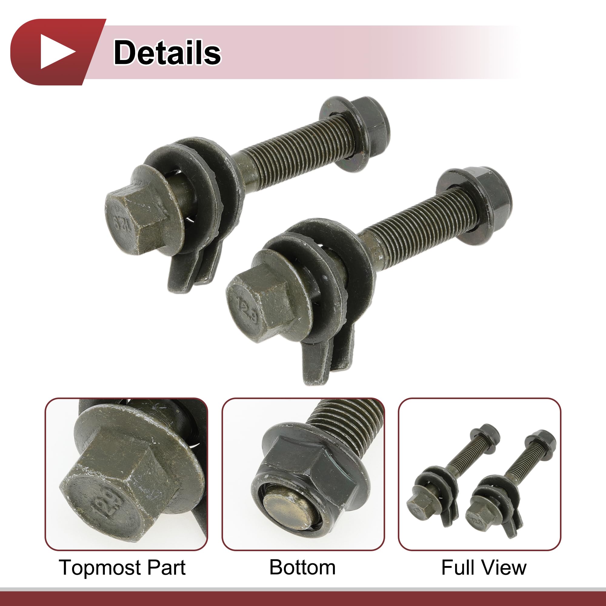 Kit De Boulons Excentriques 1 Paire Vert Pour Camber 35CrMoA | Réglage Cambrure, 16mm/0.63", 35CrMoA, Classe 12.9, 2 Joints, Revêtement Zinc, Anticorrosion, Stabilité