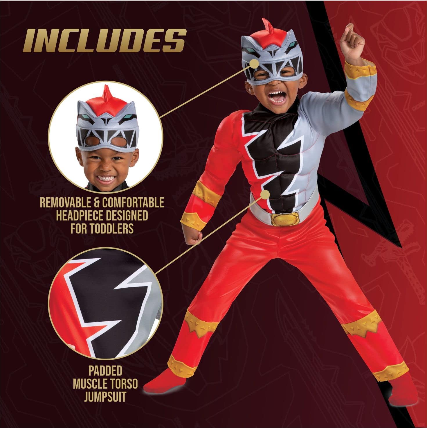 Disguise Red Ranger Toddler Size Muscle Costume, Official Power Rangers Dino Fury Outfit with Mask, Toddler Size Medium (3T-4T)
