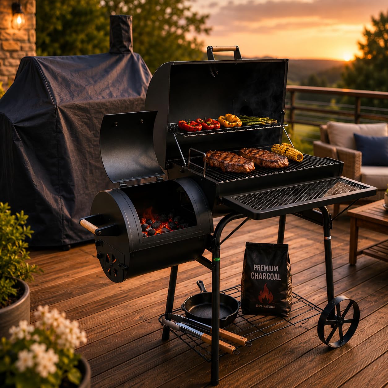 30 Kg Smoker Grill mit Abdeckhaube XL BBQ Smoker GRILLWAGEN Holzkohle Grillkamin Standgrill Räucherofen Zubehör Holzkohlegrill Schwarz Räuchergrill mit Thermometer & Rädern Deckelthermometer