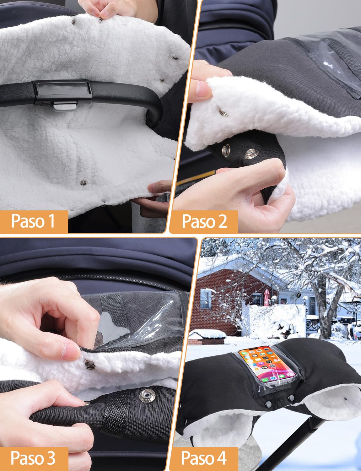 Manoplas Carro Bebe, Impermeable y Cortaviento Guantes Carro Bebe Invierno con Bolsillo para Celular, Guantes para Cochecito Bebe Forro de Felpa Para Todos los Cochecitos - Negro