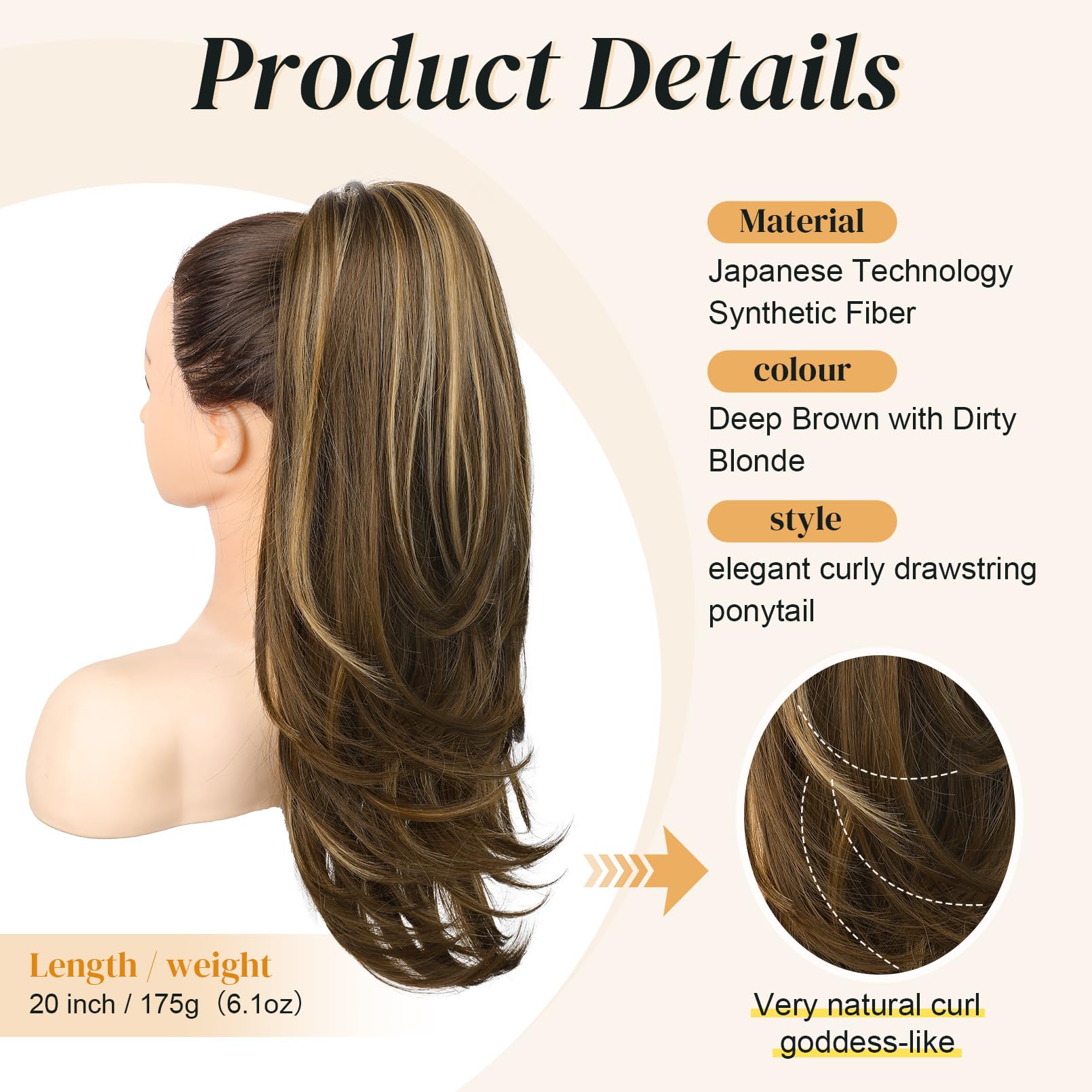 FLUFYMOOZ Ponytail Extension for Women 20 Inch Drawstring Ponytail Hair Extension for Women Soft Natural Looking Synthetic Pony Tails Hairpiece (Deep Brown with Dirty Blonde) - Image 2
