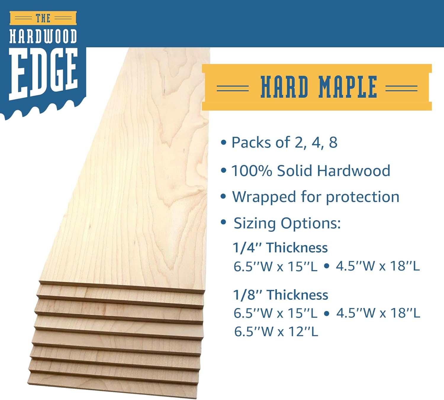 Maple Hardwood Planks - 8-Pack Hard Maple Wood for Unfinished Wood Crafts - 1/8’’ (3mm) 100% Pure Hardwood - Laser Engraving Blanks - Maple Wood Blanks for Crafts and Gifts